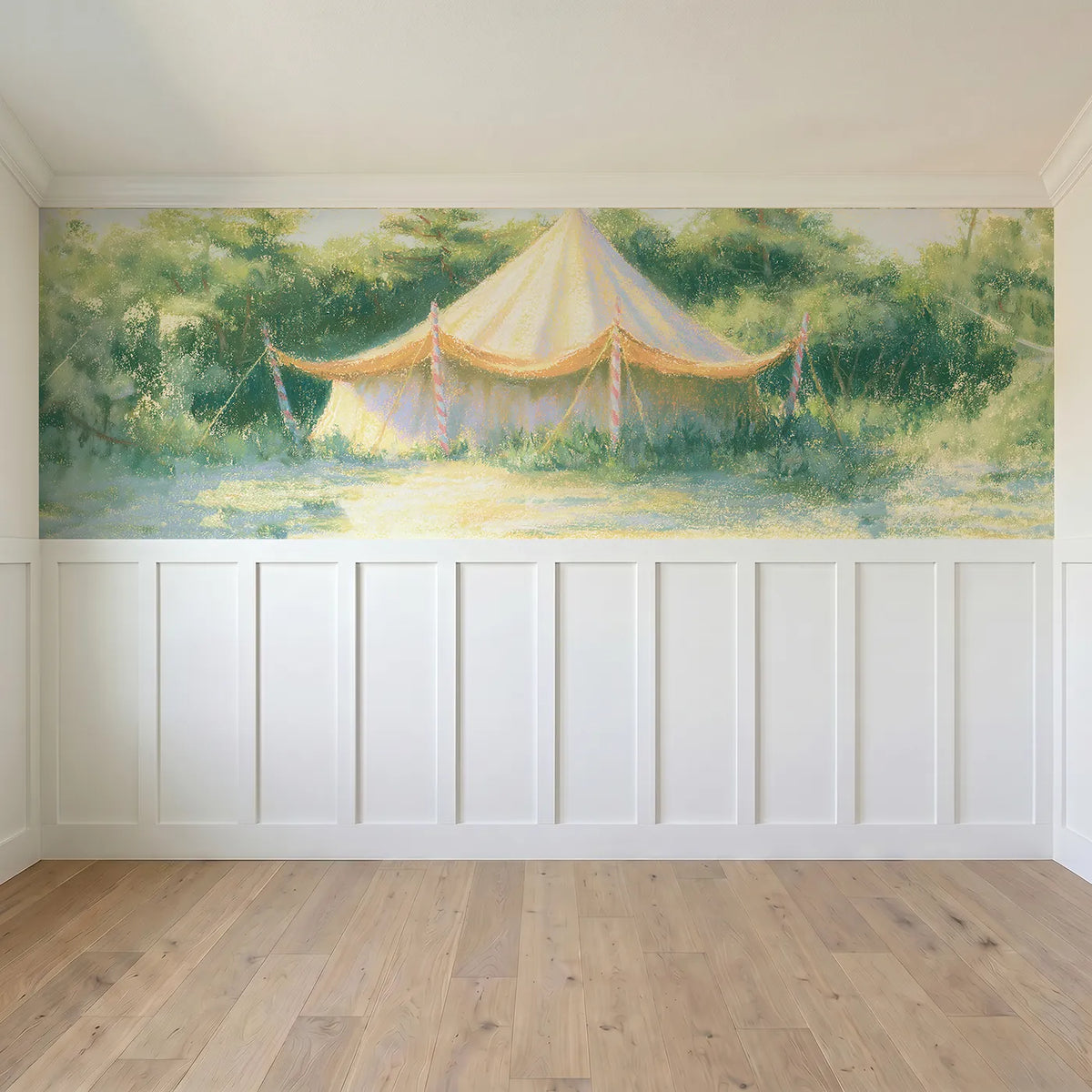 Full panel view of The Candy Striped Poles Wainscoting Wallpaper by Whimsy Tots
