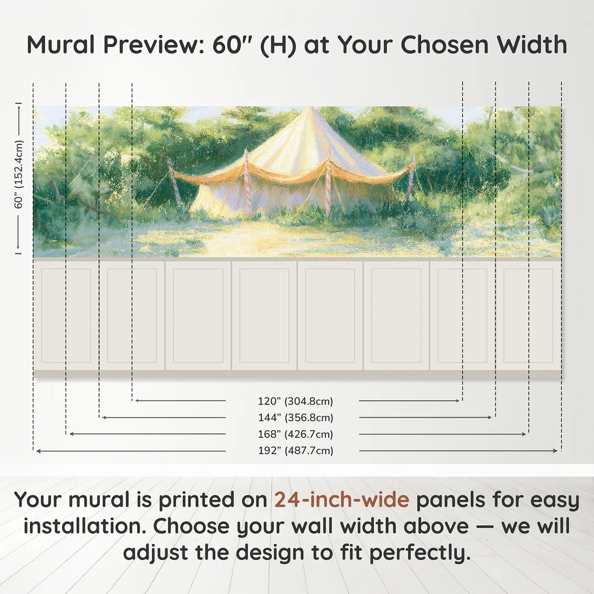 Panel dimensions for The Candy Striped Poles Wainscoting Wallpaper by Whimsy Tots