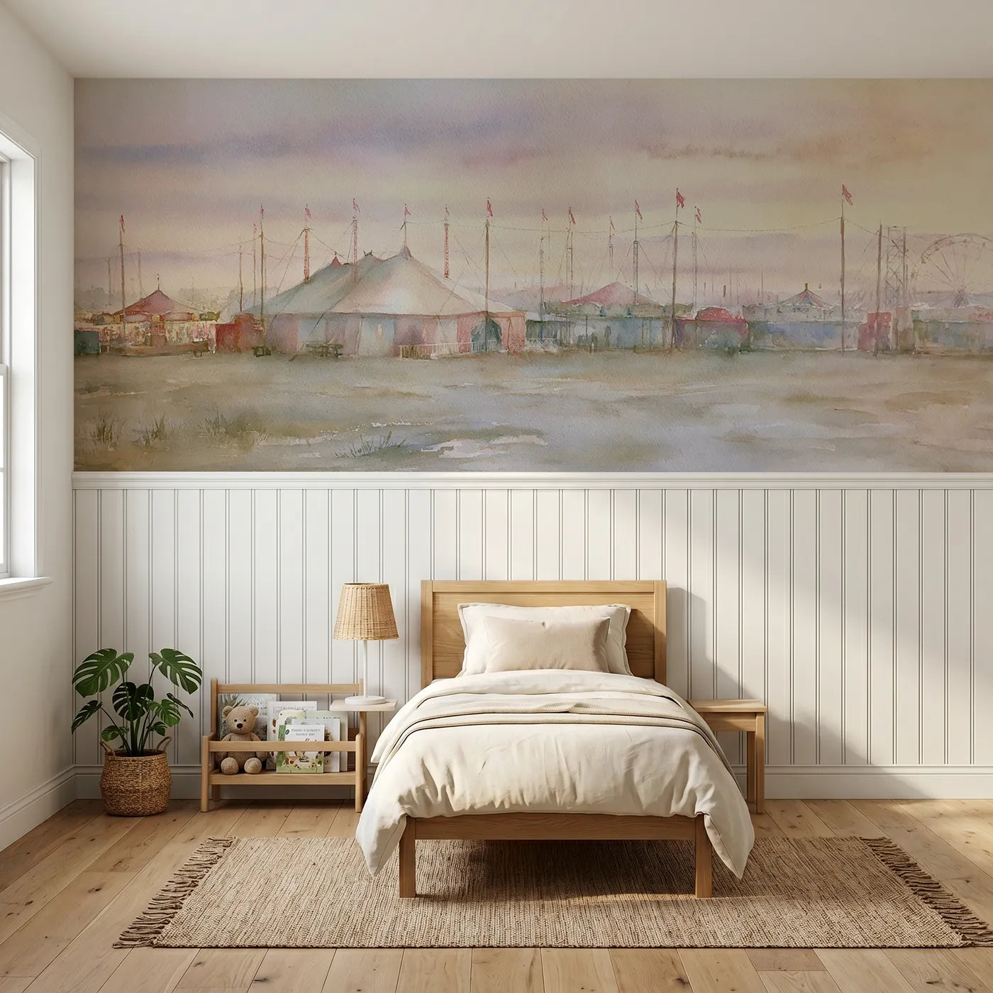 Watercolor wainscoting wallpaper of the fairground at first light by Whimsy Tots