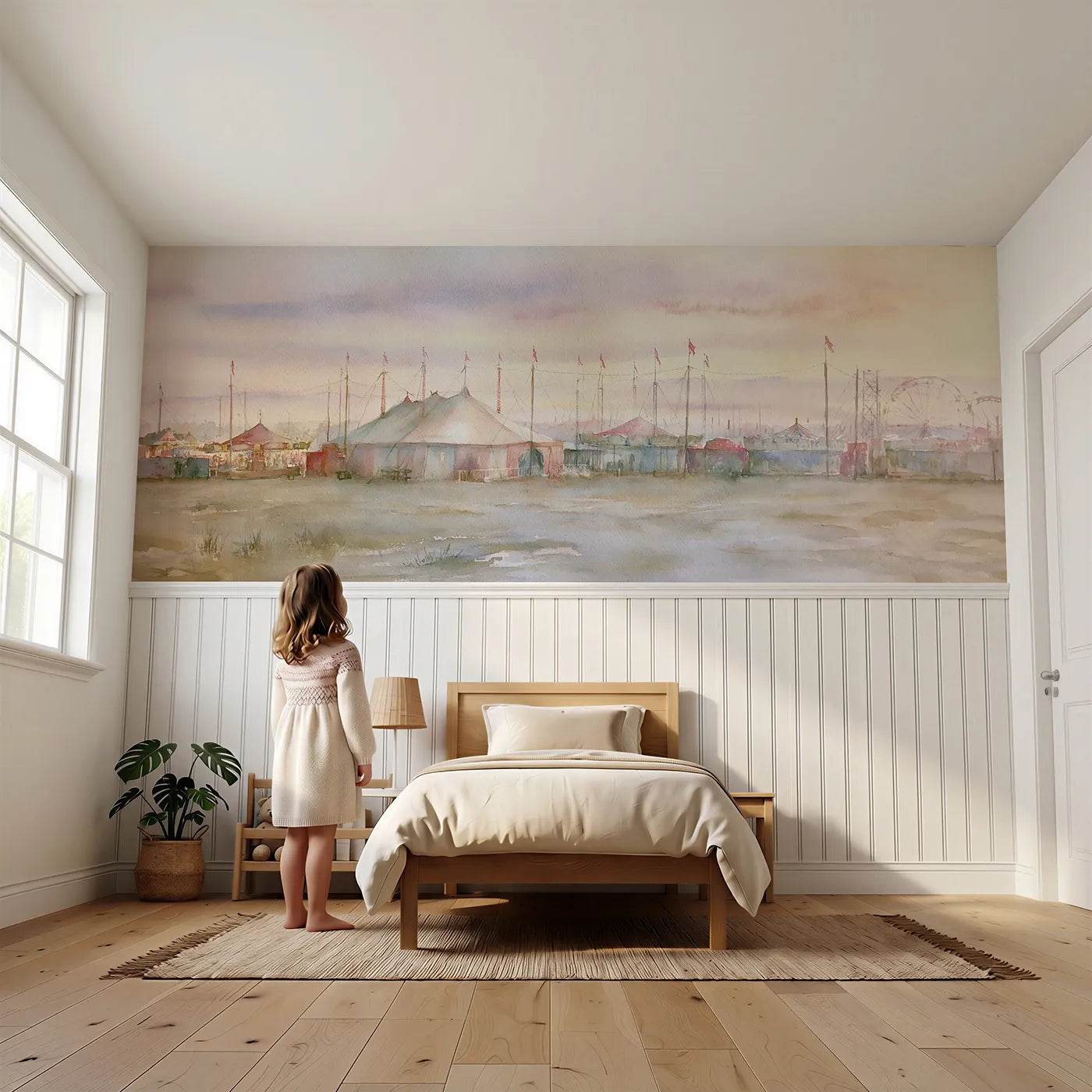 Child reading near The Fairground At First Light Wainscoting Wallpaper by Whimsy Tots