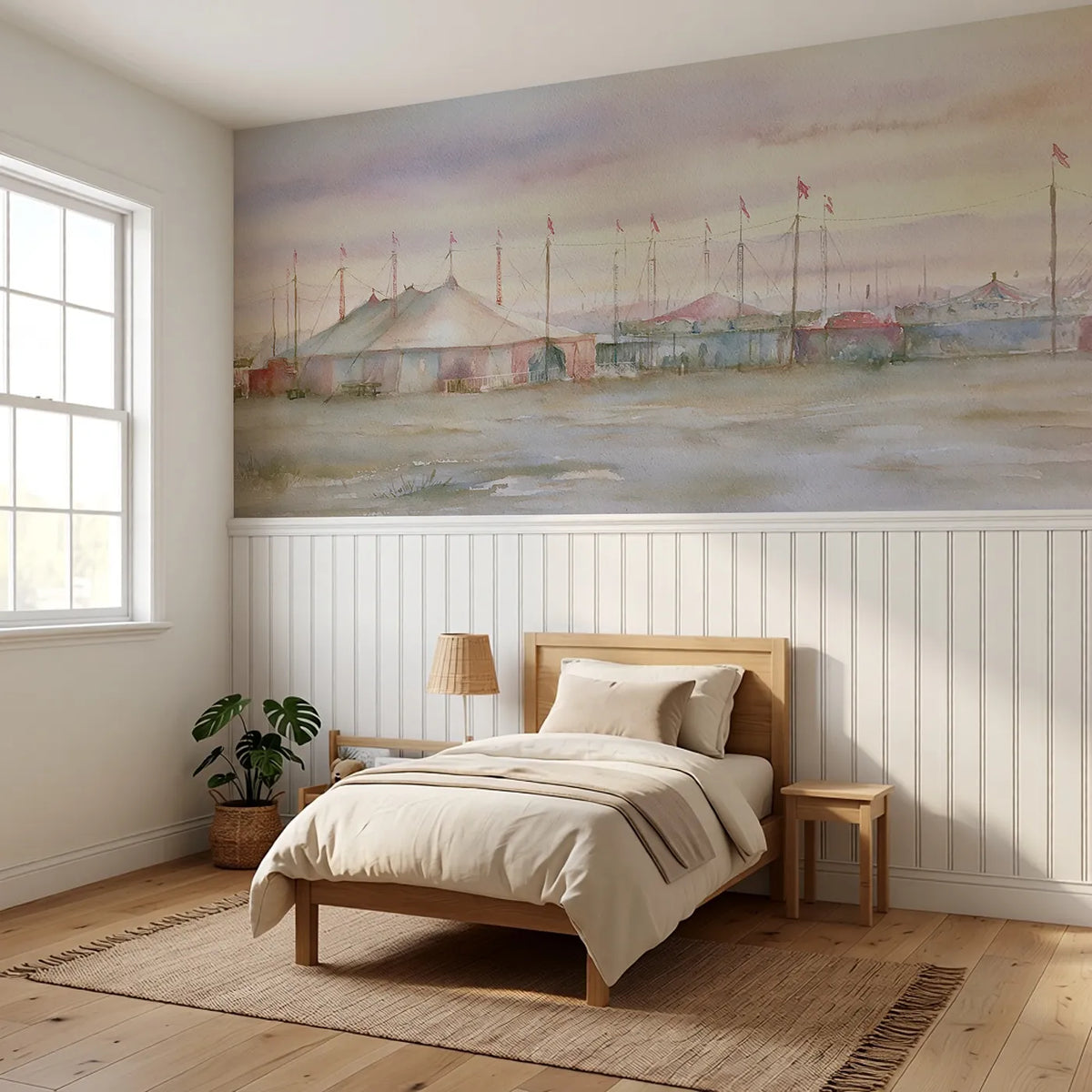 The Fairground At First Light Wainscoting Wallpaper styled in a kids room by Whimsy Tots