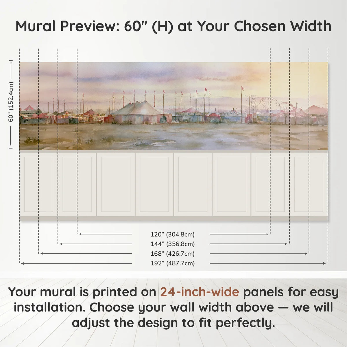 Panel dimensions for The Fairground At First Light Wainscoting Wallpaper by Whimsy Tots