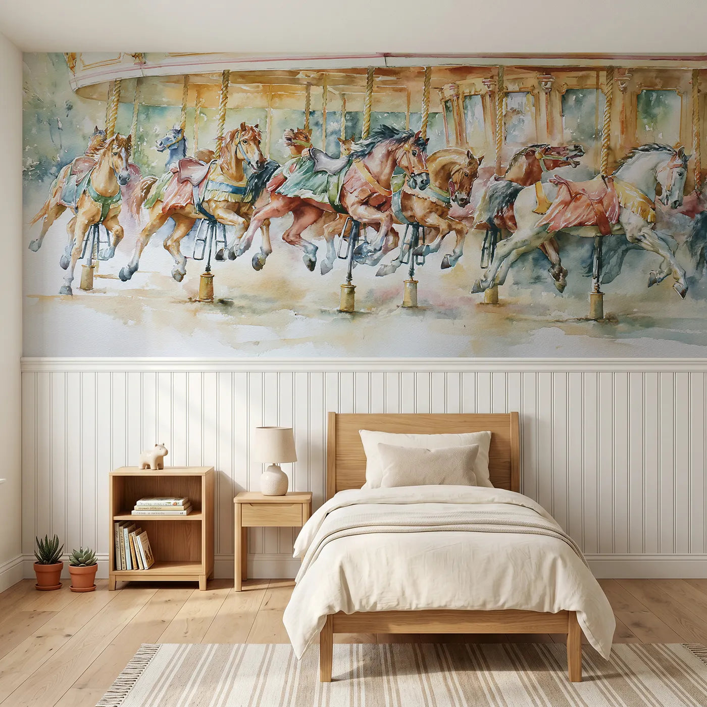 Watercolor wainscoting wallpaper of the carousel horses by Whimsy Tots