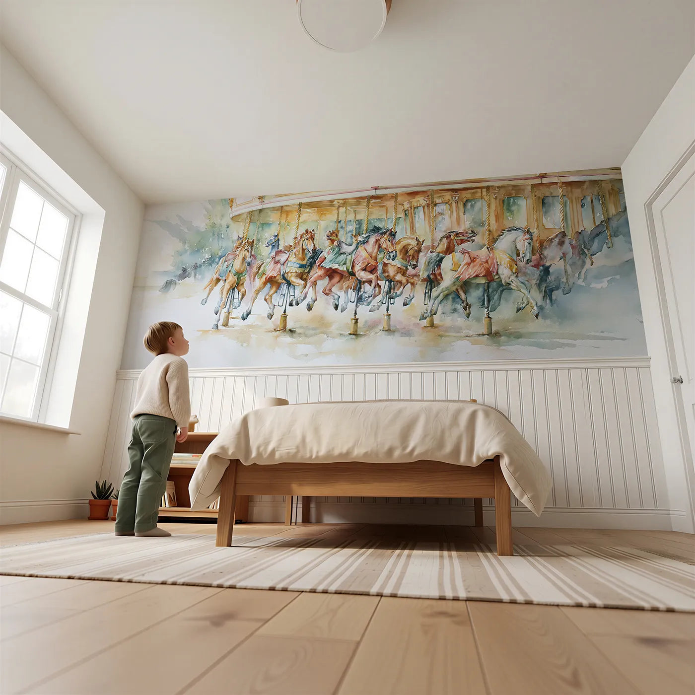 Child reading near The Carousel Horses Wainscoting Wallpaper by Whimsy Tots