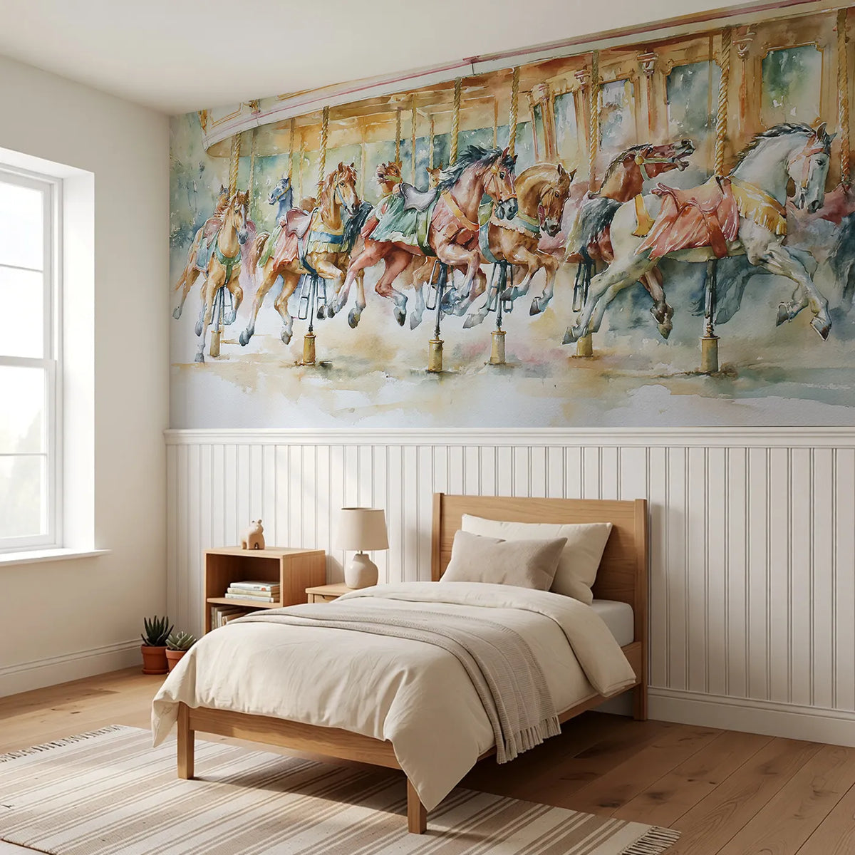 The Carousel Horses Wainscoting Wallpaper styled in a kids room by Whimsy Tots