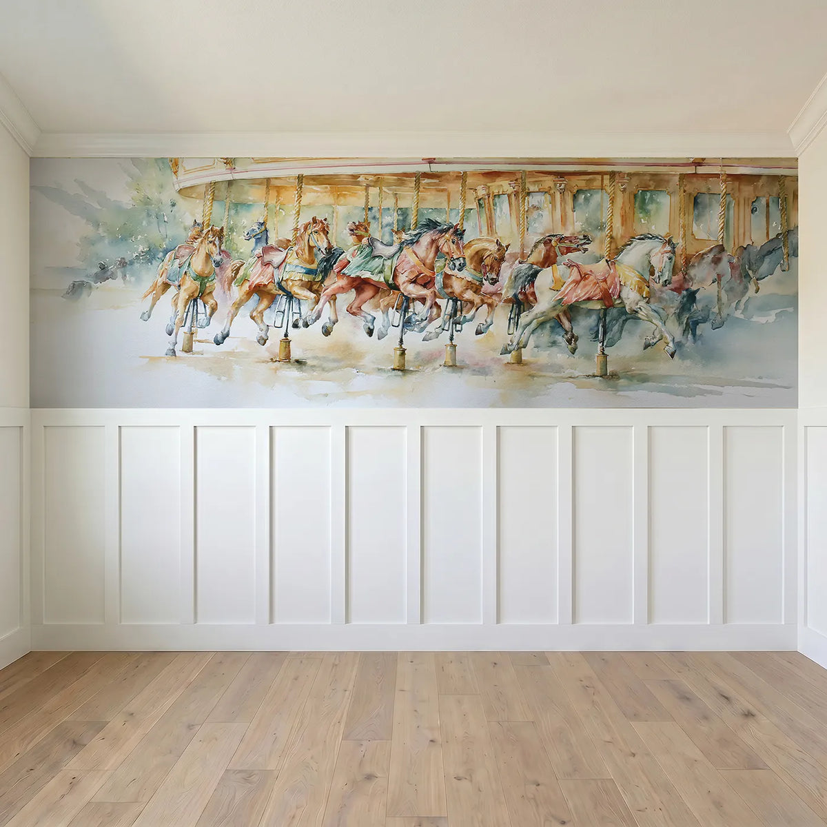 Full panel view of The Carousel Horses Wainscoting Wallpaper by Whimsy Tots