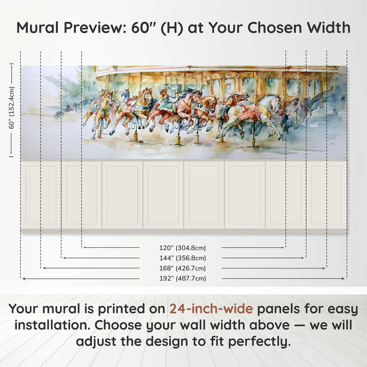 Panel dimensions for The Carousel Horses Wainscoting Wallpaper by Whimsy Tots