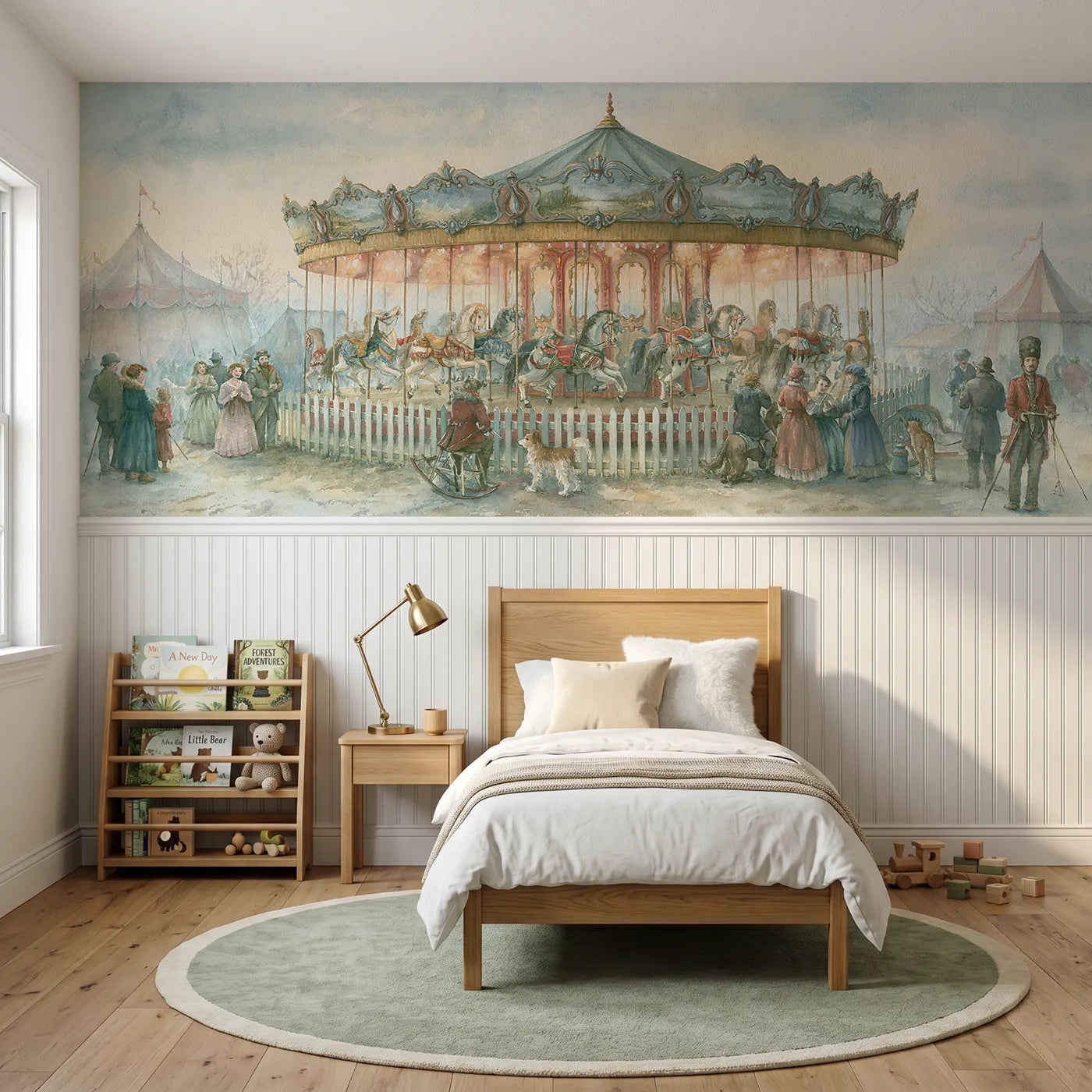 Storybook wainscoting wallpaper of the carousel at dusk slowing by Whimsy Tots