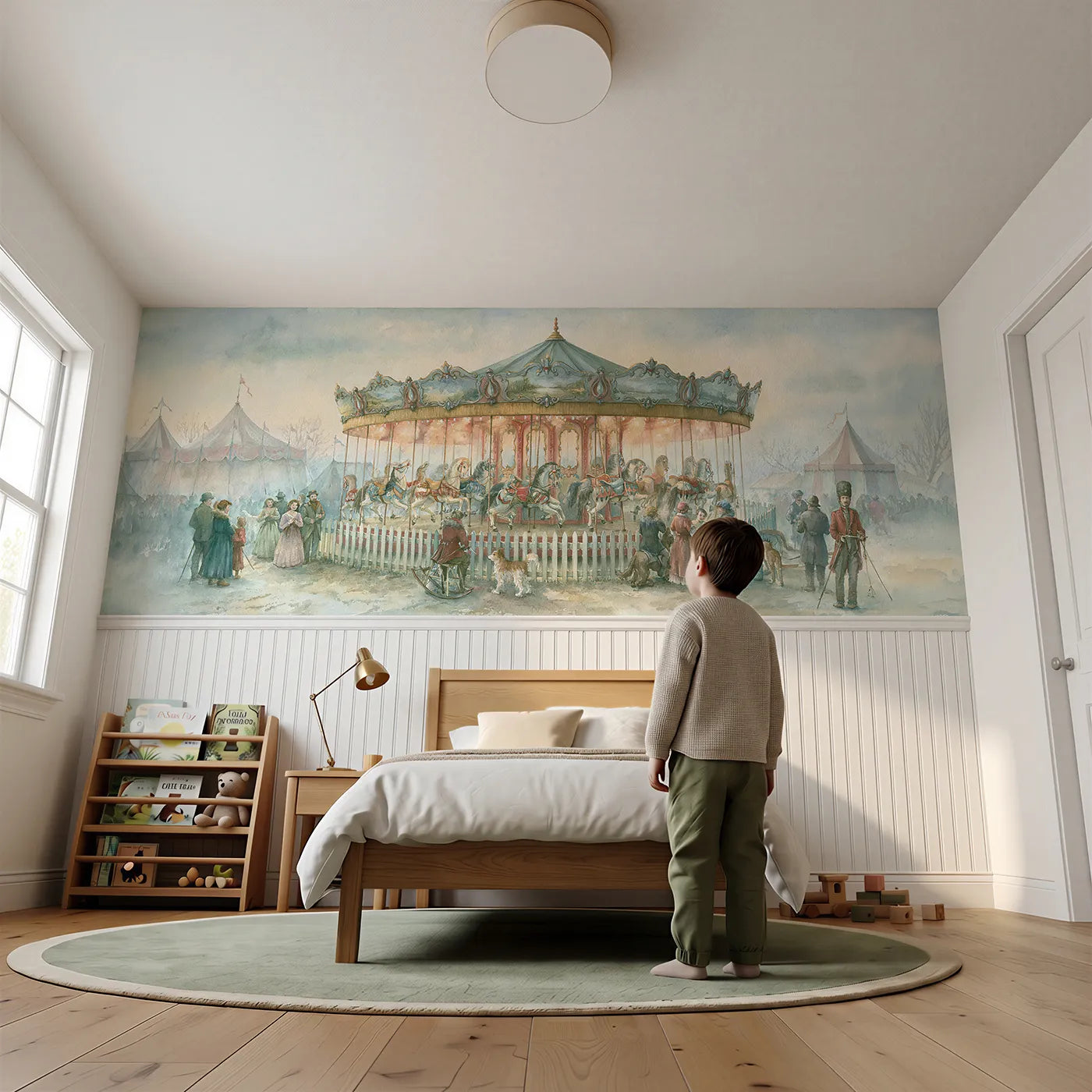 Child reading near The Carousel At Dusk Slowing Wainscoting Wallpaper by Whimsy Tots