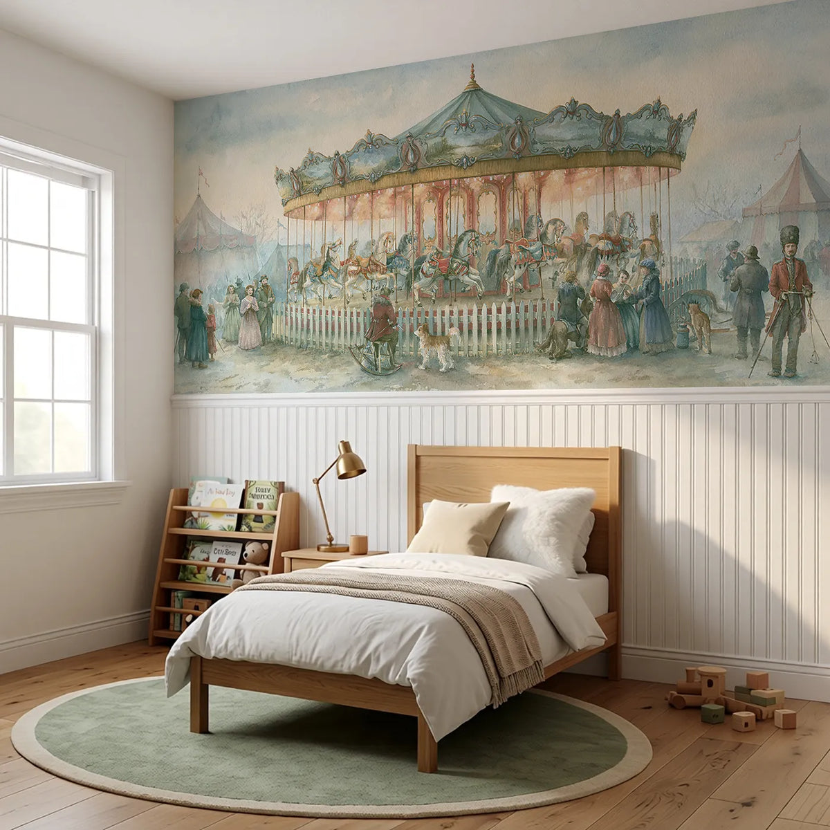 The Carousel At Dusk Slowing Wainscoting Wallpaper styled in a kids room by Whimsy Tots