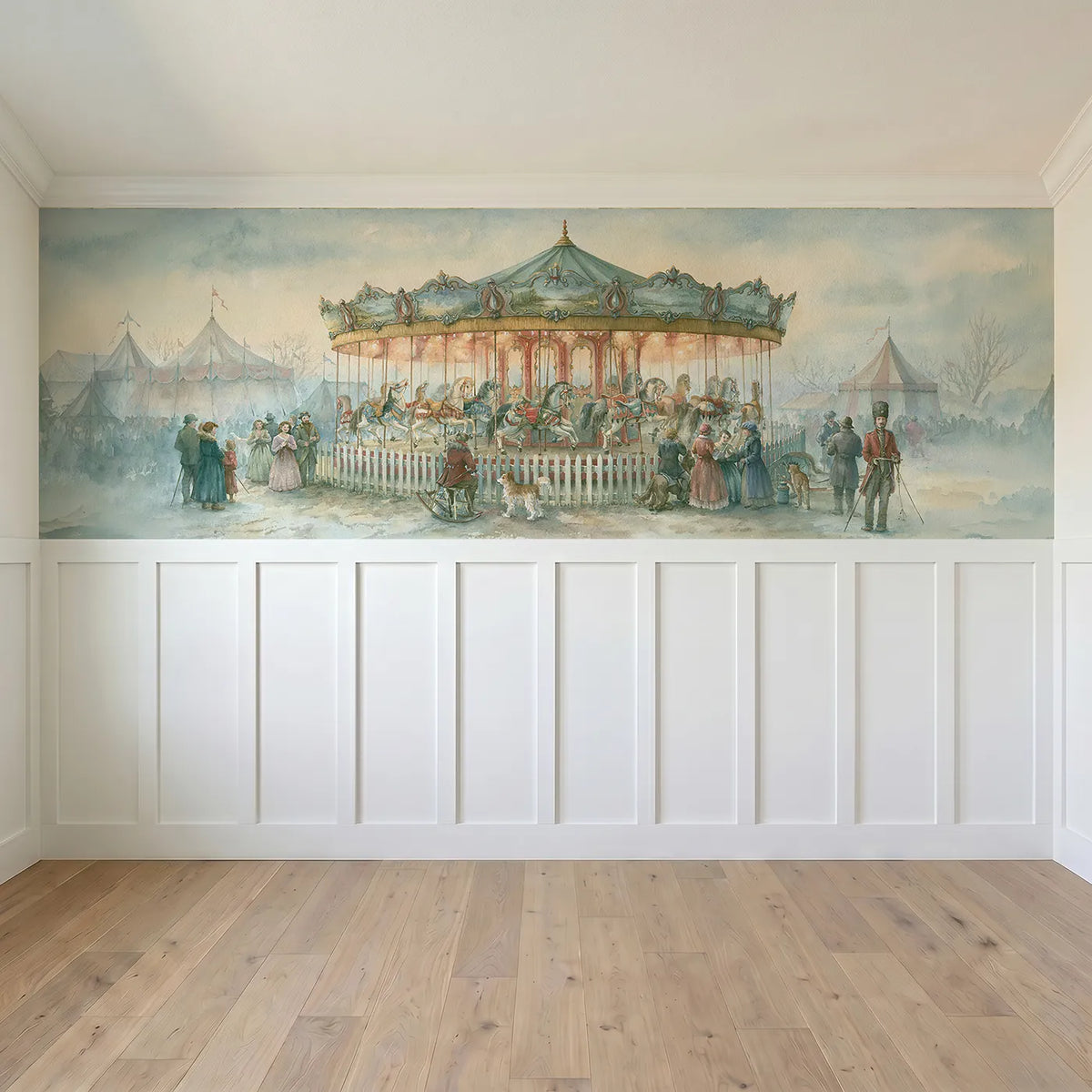 Full panel view of The Carousel At Dusk Slowing Wainscoting Wallpaper by Whimsy Tots