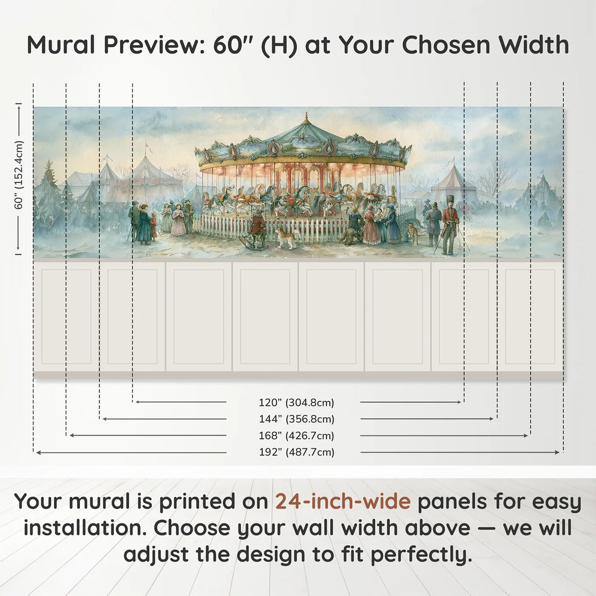 Panel dimensions for The Carousel At Dusk Slowing Wainscoting Wallpaper by Whimsy Tots