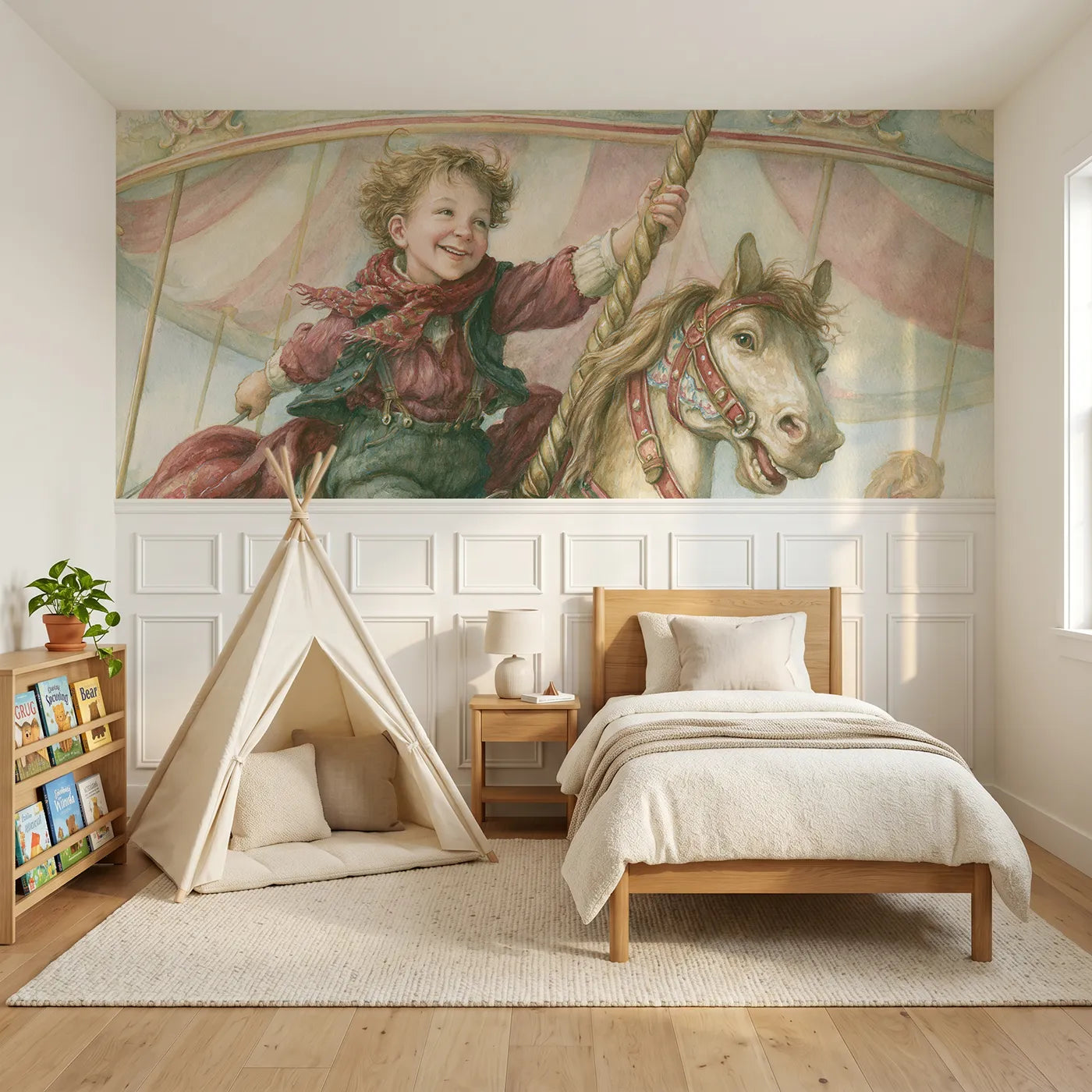 Storybook wainscoting wallpaper of riding the painted pony by Whimsy Tots