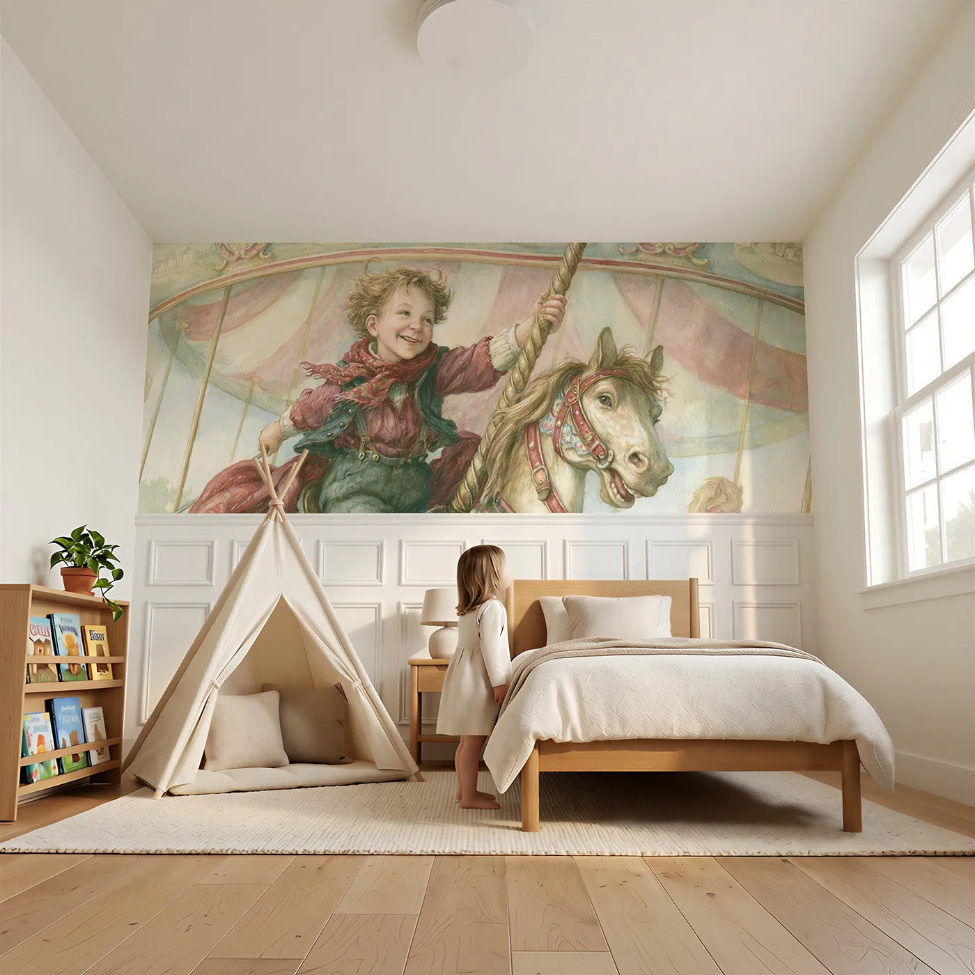 Child reading near Riding The Painted Pony Wainscoting Wallpaper by Whimsy Tots