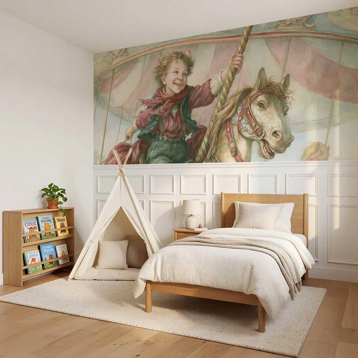 Riding The Painted Pony Wainscoting Wallpaper styled in a kids room by Whimsy Tots