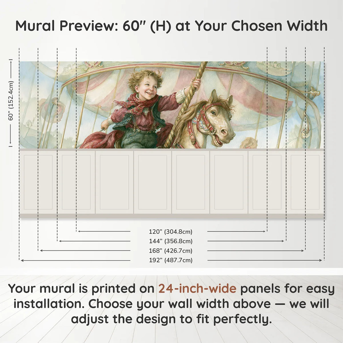 Panel dimensions for Riding The Painted Pony Wainscoting Wallpaper by Whimsy Tots