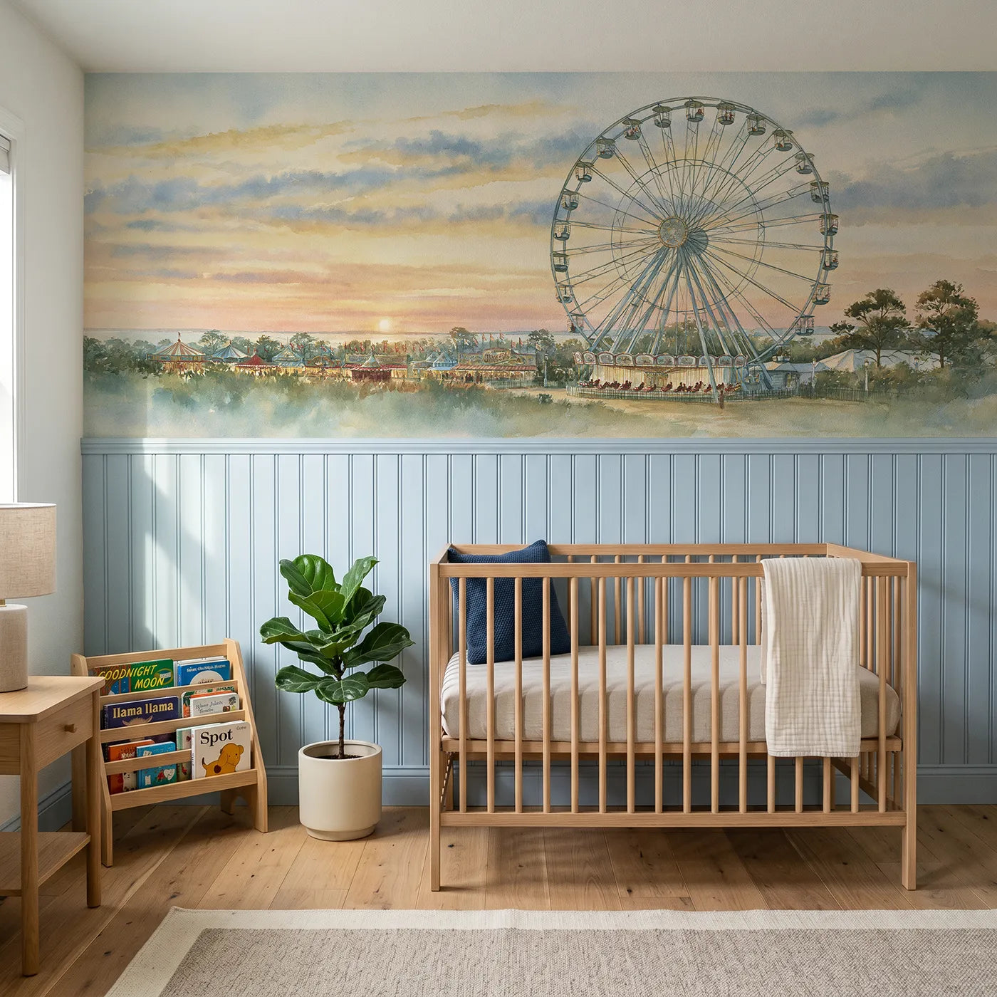 Watercolor wainscoting wallpaper of the ferris wheel turning slow by Whimsy Tots