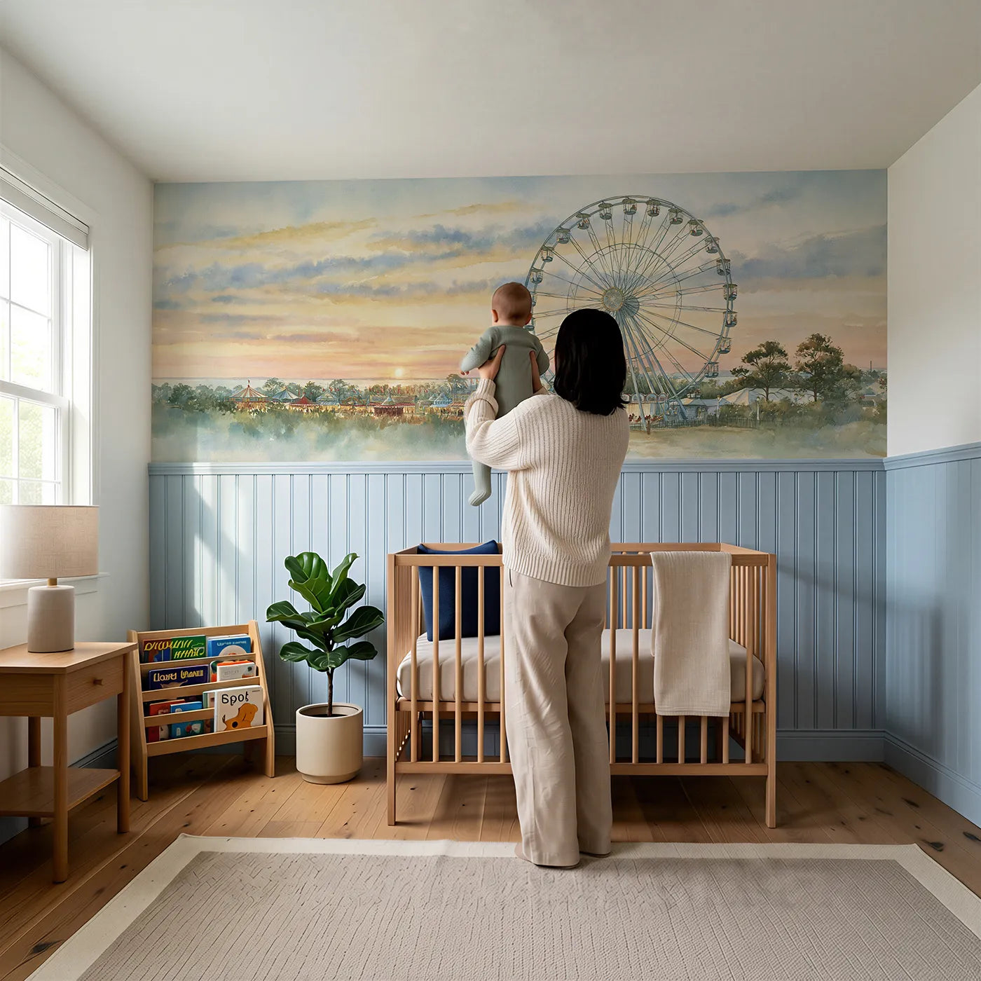 Child reading near The Ferris Wheel Turning Slow Wainscoting Wallpaper by Whimsy Tots