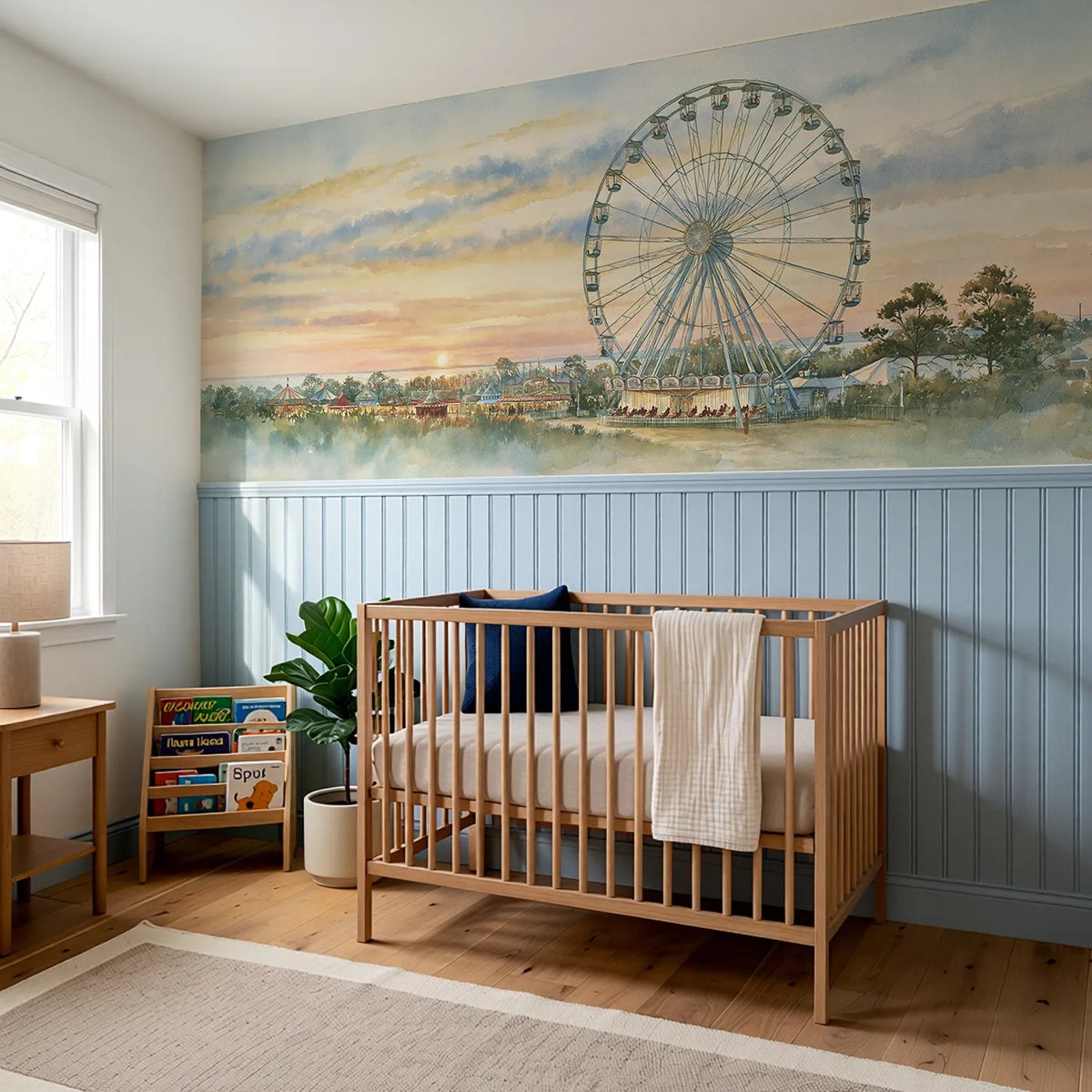 The Ferris Wheel Turning Slow Wainscoting Wallpaper styled in a kids room by Whimsy Tots