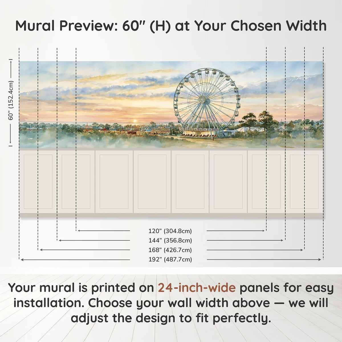 Panel dimensions for The Ferris Wheel Turning Slow Wainscoting Wallpaper by Whimsy Tots