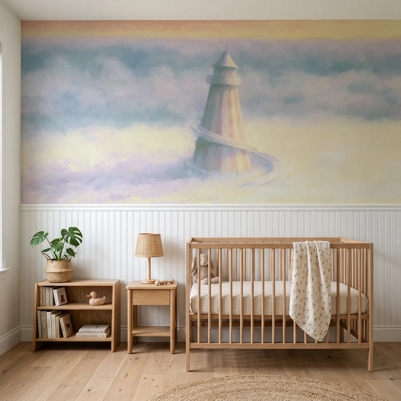 Soft pastel wainscoting wallpaper of the helter skelter by Whimsy Tots