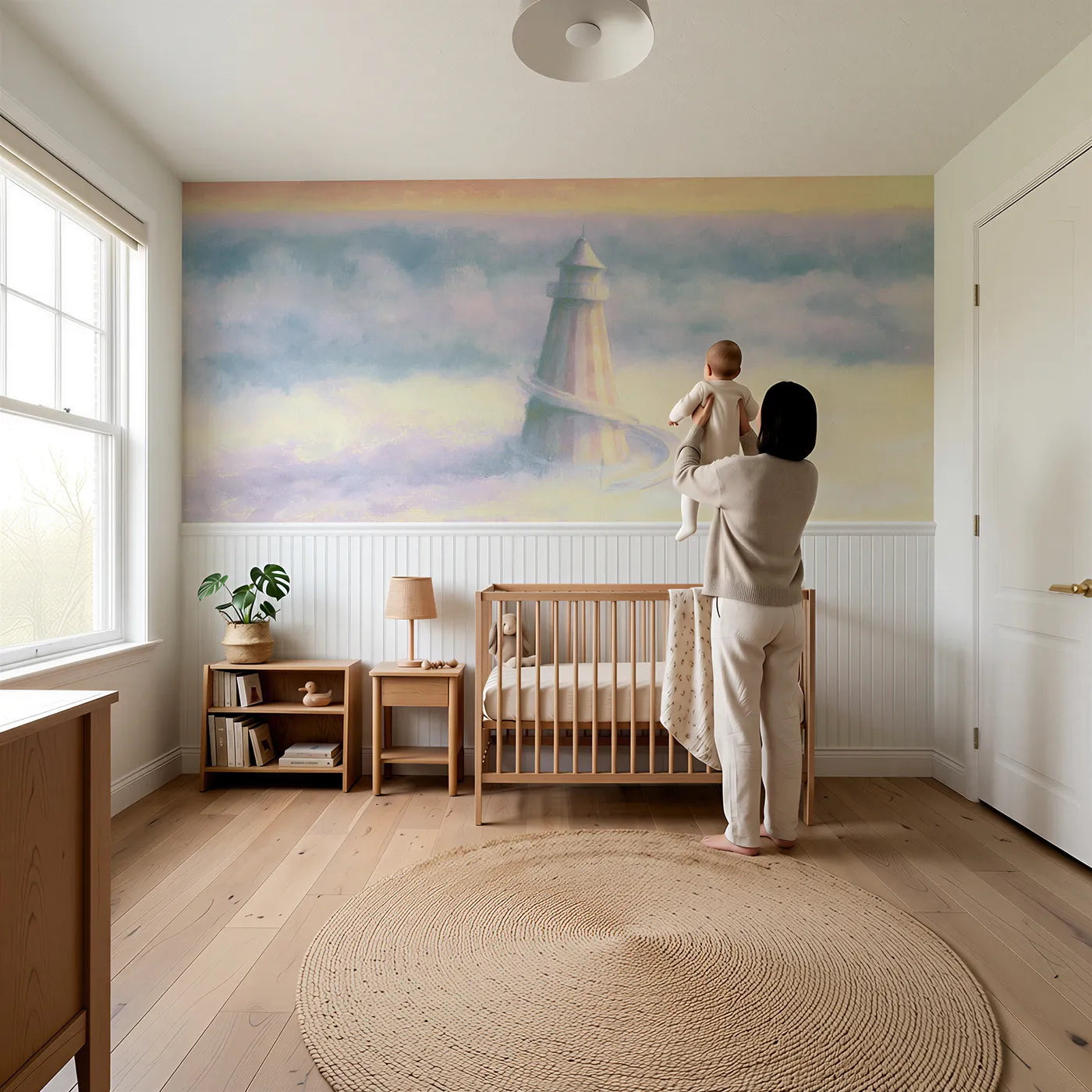 Child reading near The Helter Skelter Wainscoting Wallpaper by Whimsy Tots
