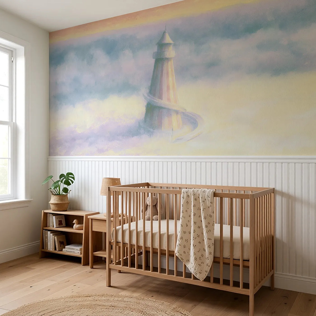 The Helter Skelter Wainscoting Wallpaper styled in a kids room by Whimsy Tots