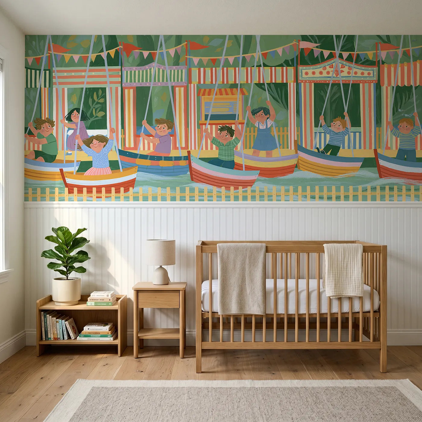 Modern illustration wainscoting wallpaper of the swing boats by Whimsy Tots