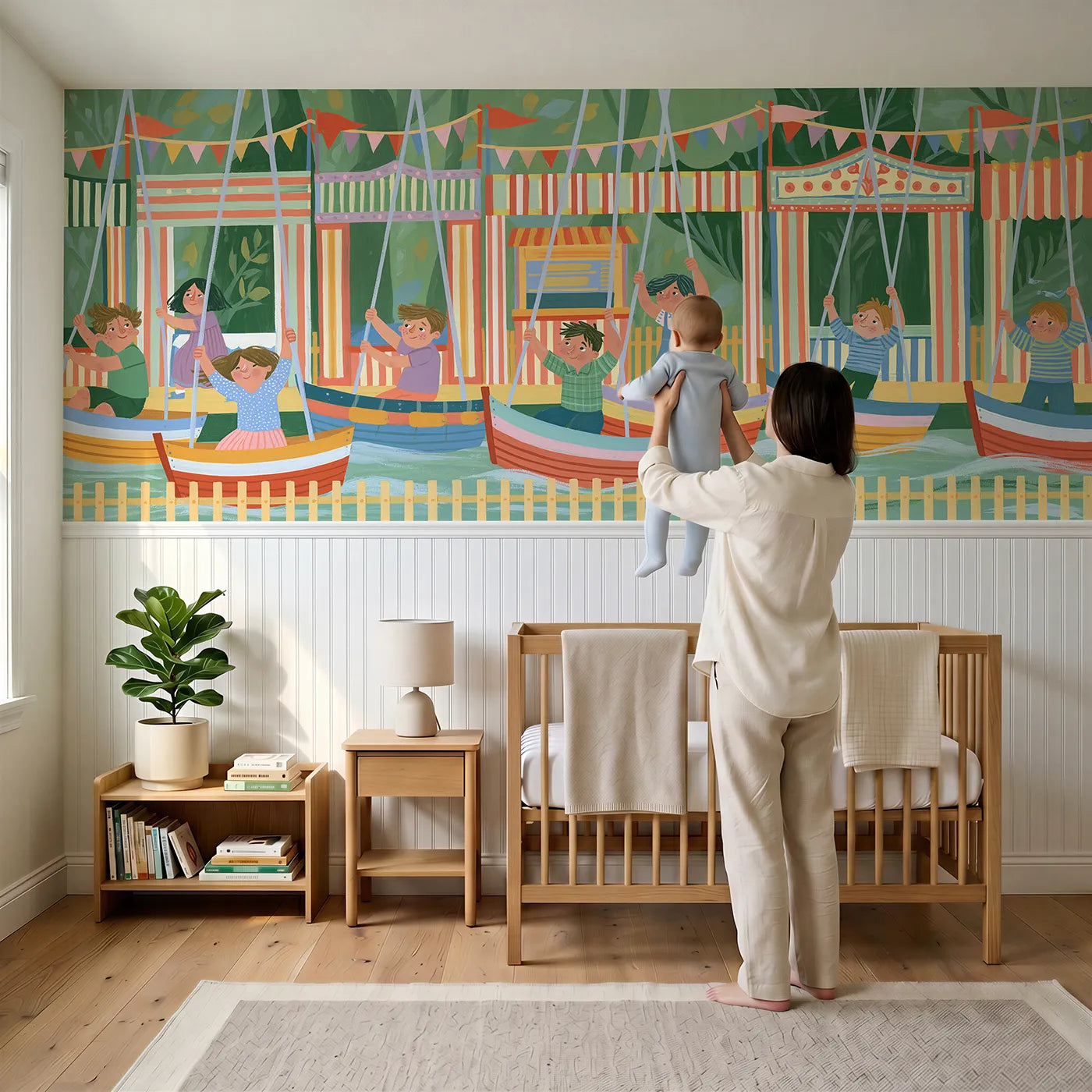 Child reading near The Swing Boats Wainscoting Wallpaper by Whimsy Tots