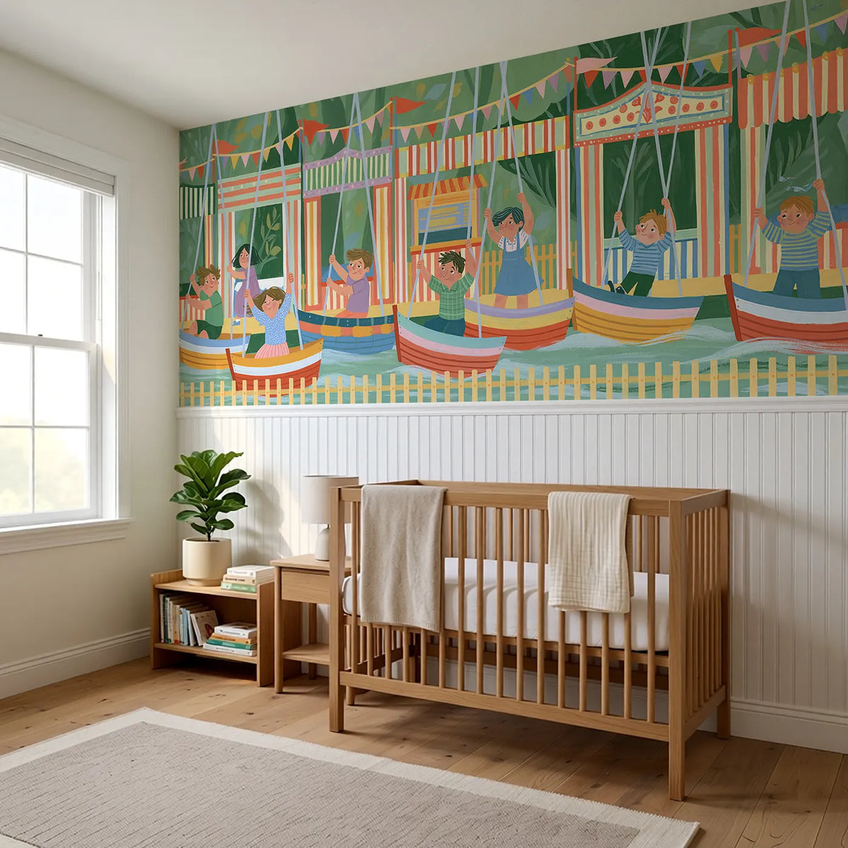 The Swing Boats Wainscoting Wallpaper styled in a kids room by Whimsy Tots