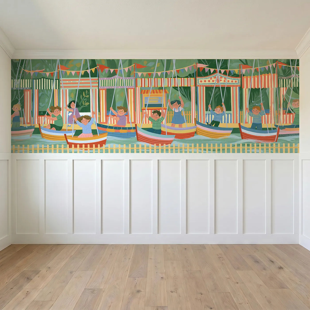 Full panel view of The Swing Boats Wainscoting Wallpaper by Whimsy Tots