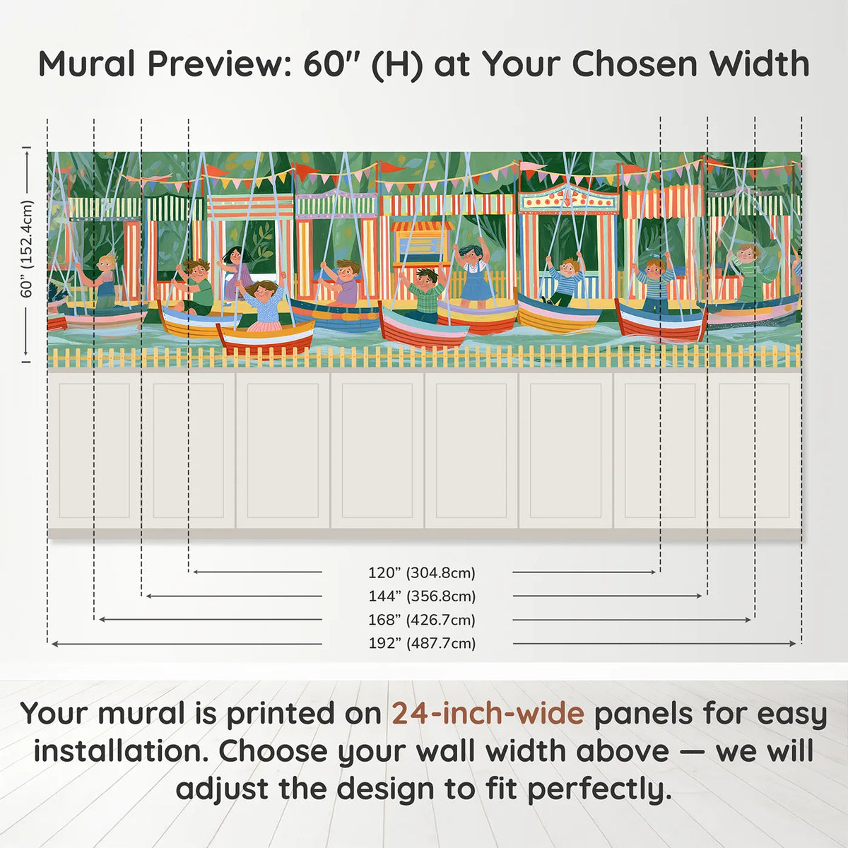 Panel dimensions for The Swing Boats Wainscoting Wallpaper by Whimsy Tots
