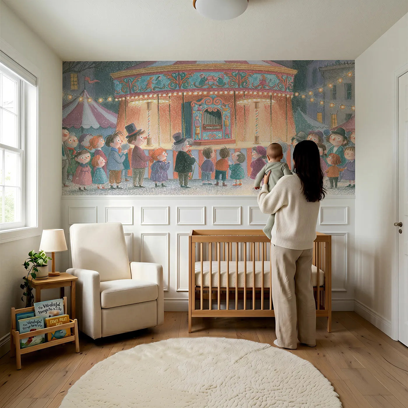 Child reading near The Band Organ Playing Wainscoting Wallpaper by Whimsy Tots