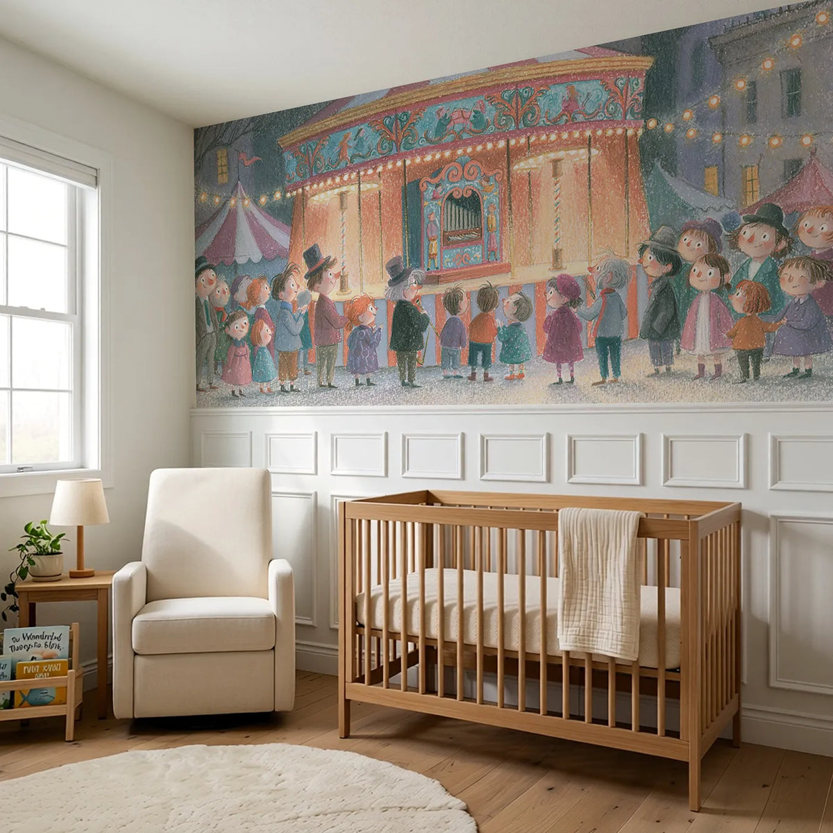 The Band Organ Playing Wainscoting Wallpaper styled in a kids room by Whimsy Tots