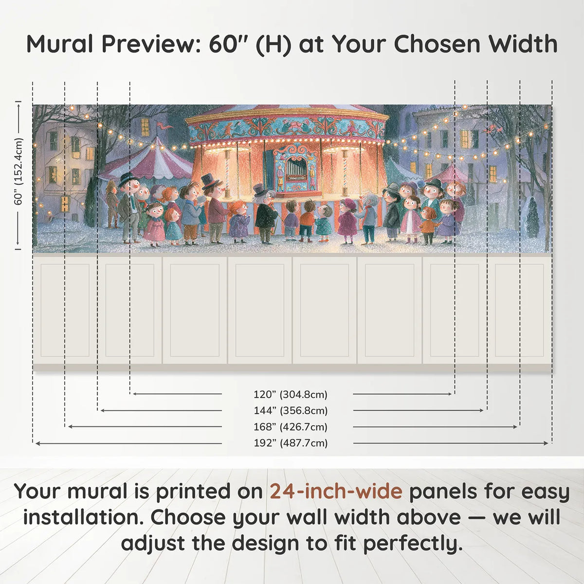 Panel dimensions for The Band Organ Playing Wainscoting Wallpaper by Whimsy Tots