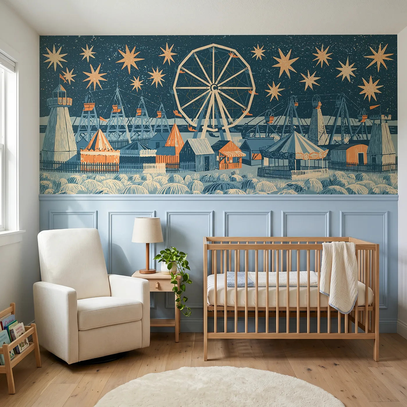 Block print wainscoting wallpaper of the still wheel at night by Whimsy Tots