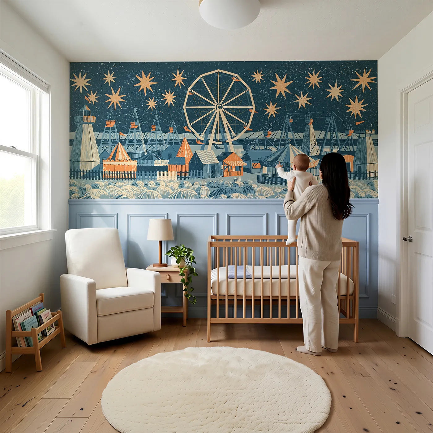 Child reading near The Still Wheel At Night Wainscoting Wallpaper by Whimsy Tots