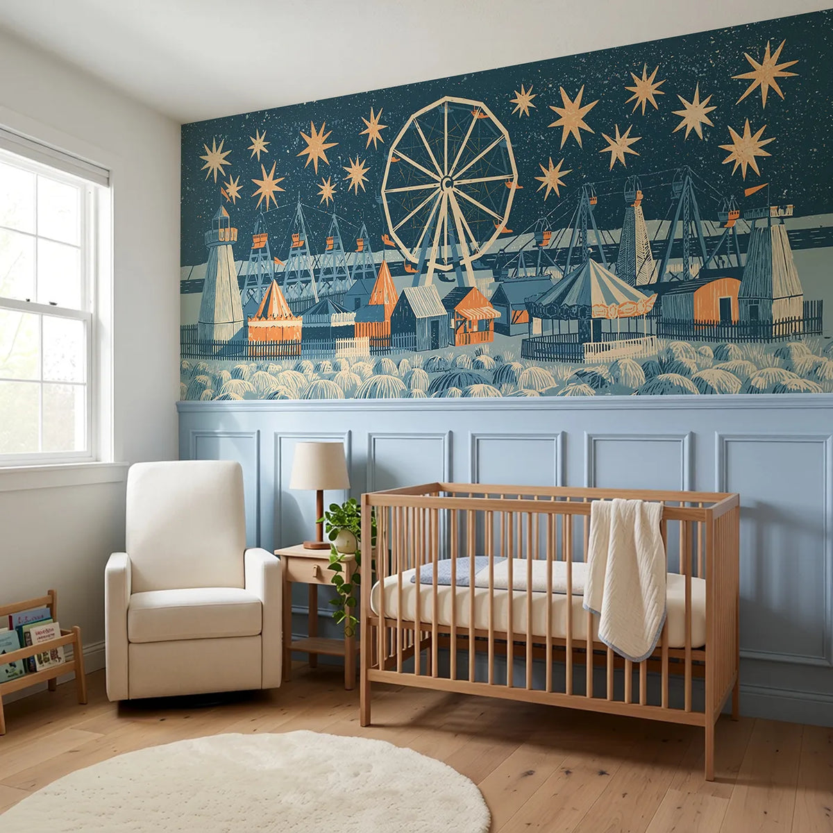 The Still Wheel At Night Wainscoting Wallpaper styled in a kids room by Whimsy Tots