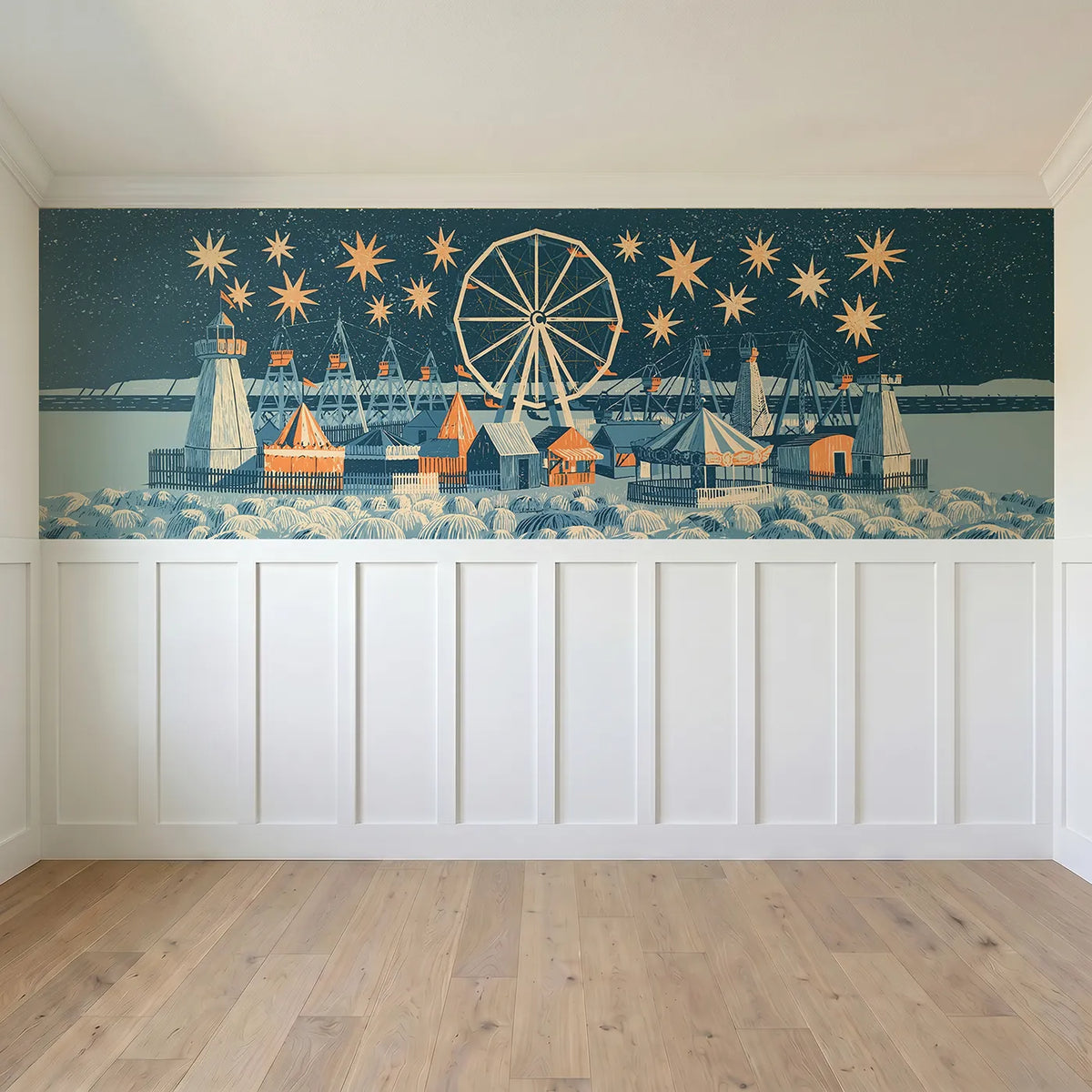 Full panel view of The Still Wheel At Night Wainscoting Wallpaper by Whimsy Tots