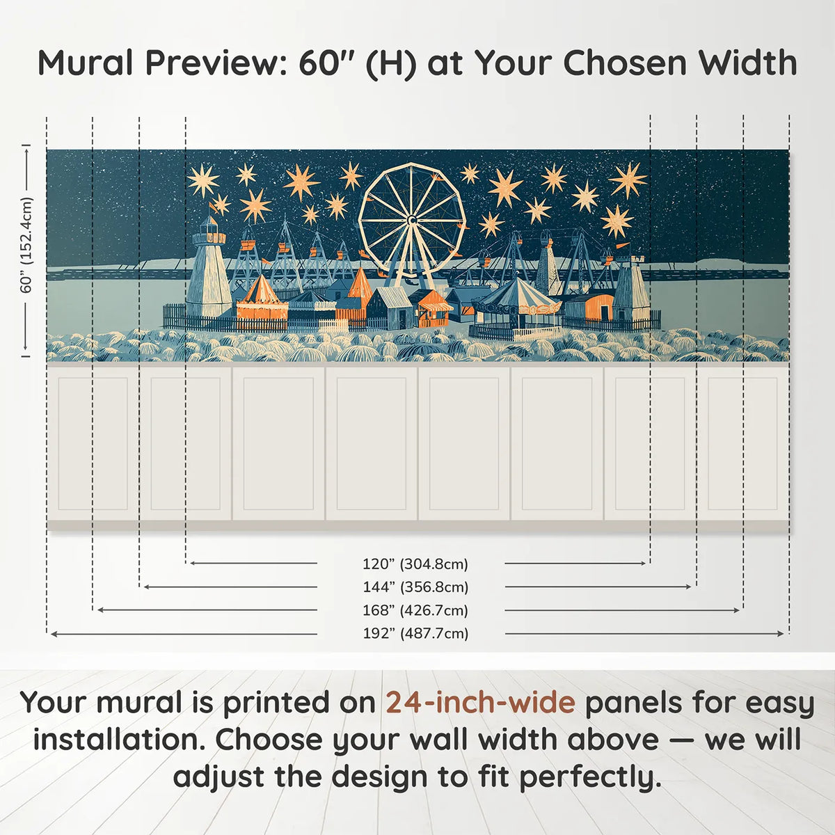 Panel dimensions for The Still Wheel At Night Wainscoting Wallpaper by Whimsy Tots