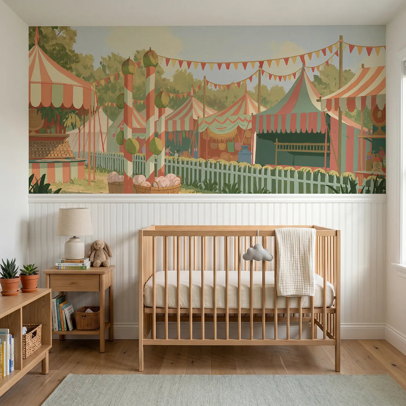 Modern illustration wainscoting wallpaper of the coconut shy by Whimsy Tots