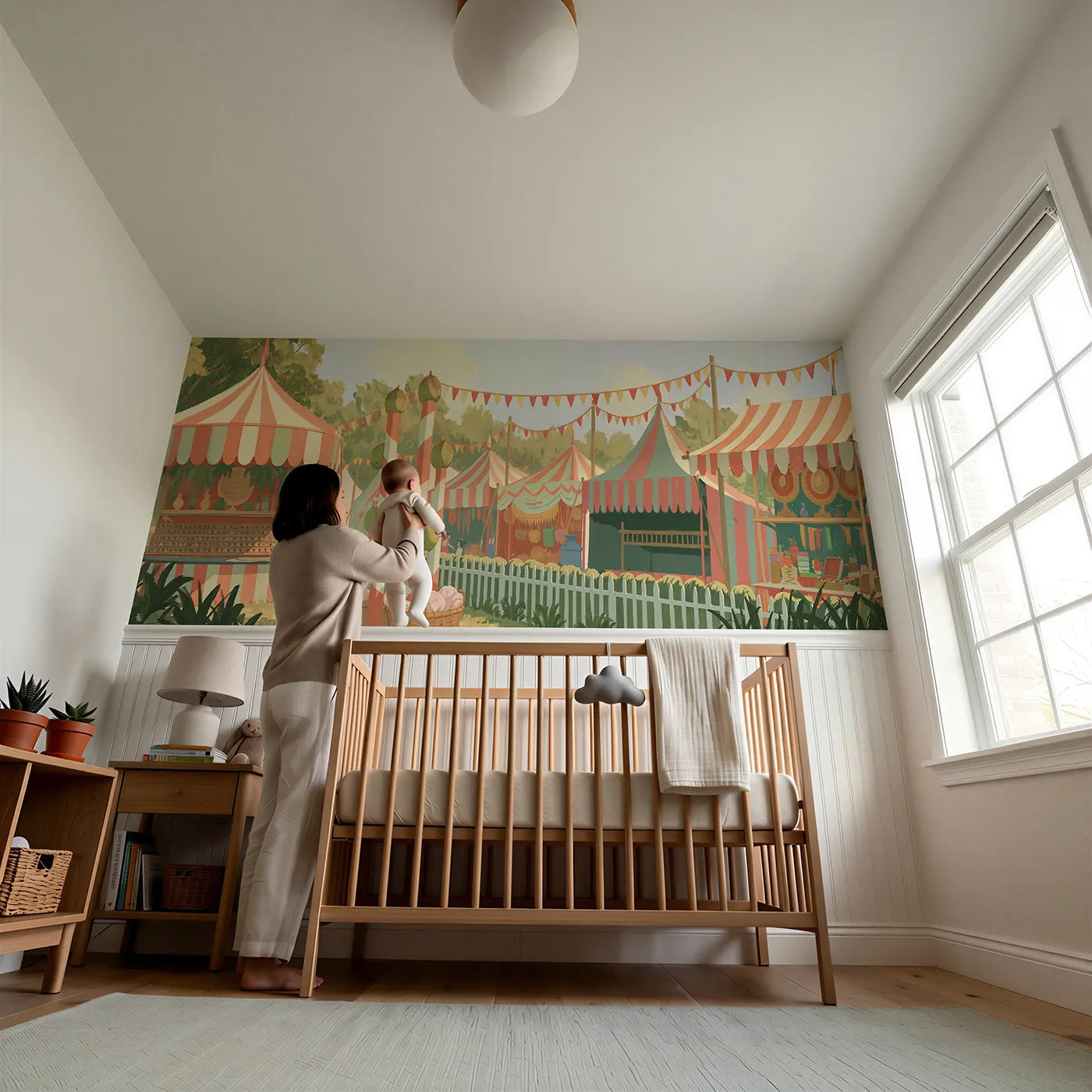 Child reading near The Coconut Shy Wainscoting Wallpaper by Whimsy Tots