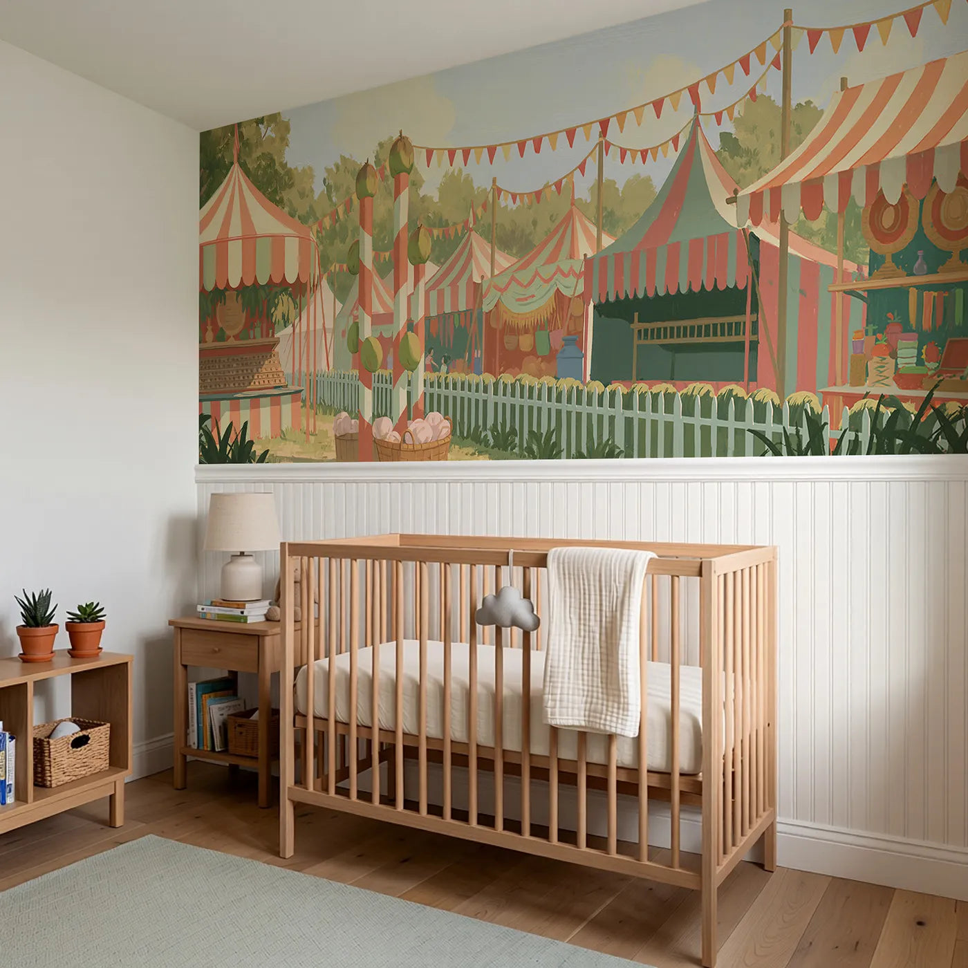 The Coconut Shy Wainscoting Wallpaper styled in a kids room by Whimsy Tots