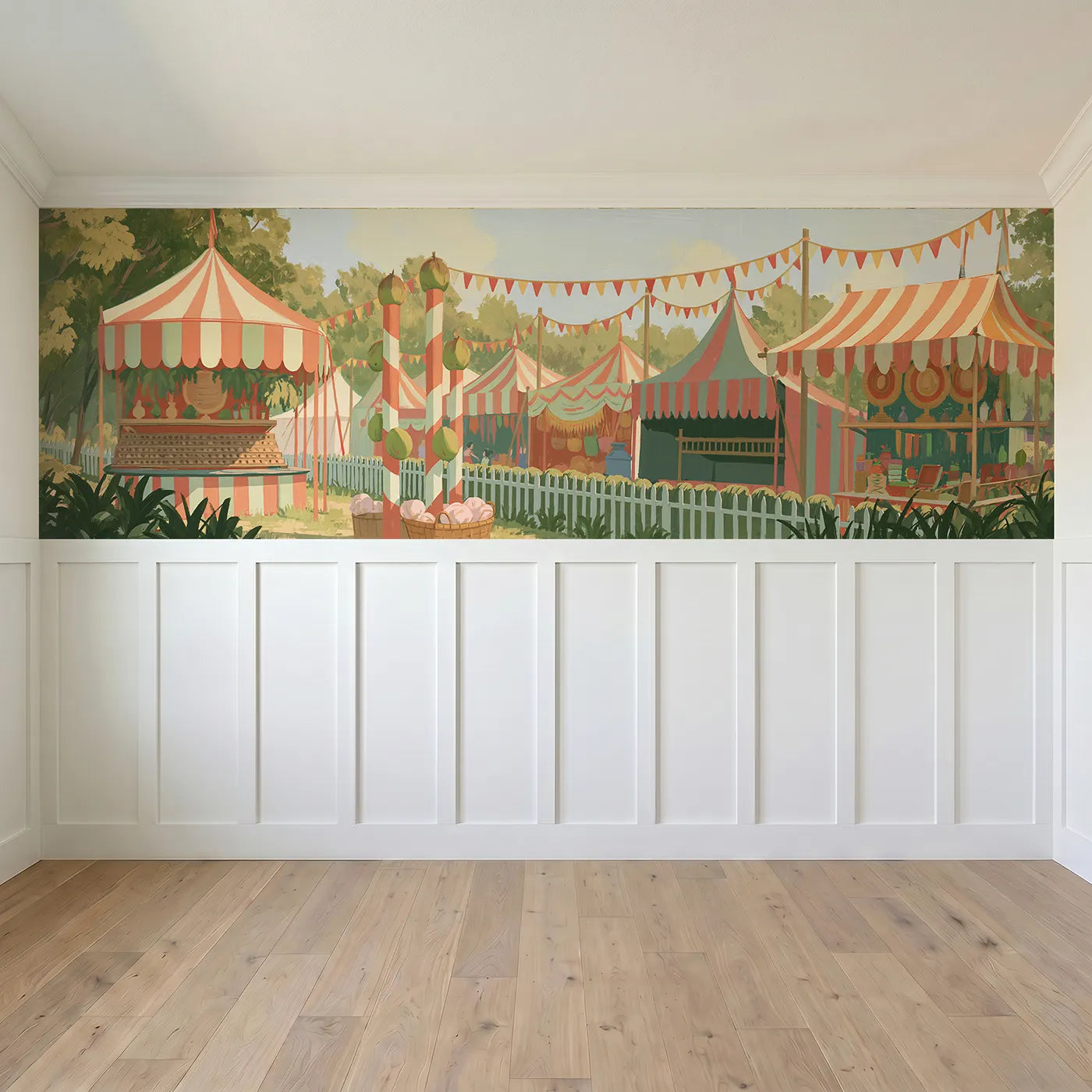Full panel view of The Coconut Shy Wainscoting Wallpaper by Whimsy Tots