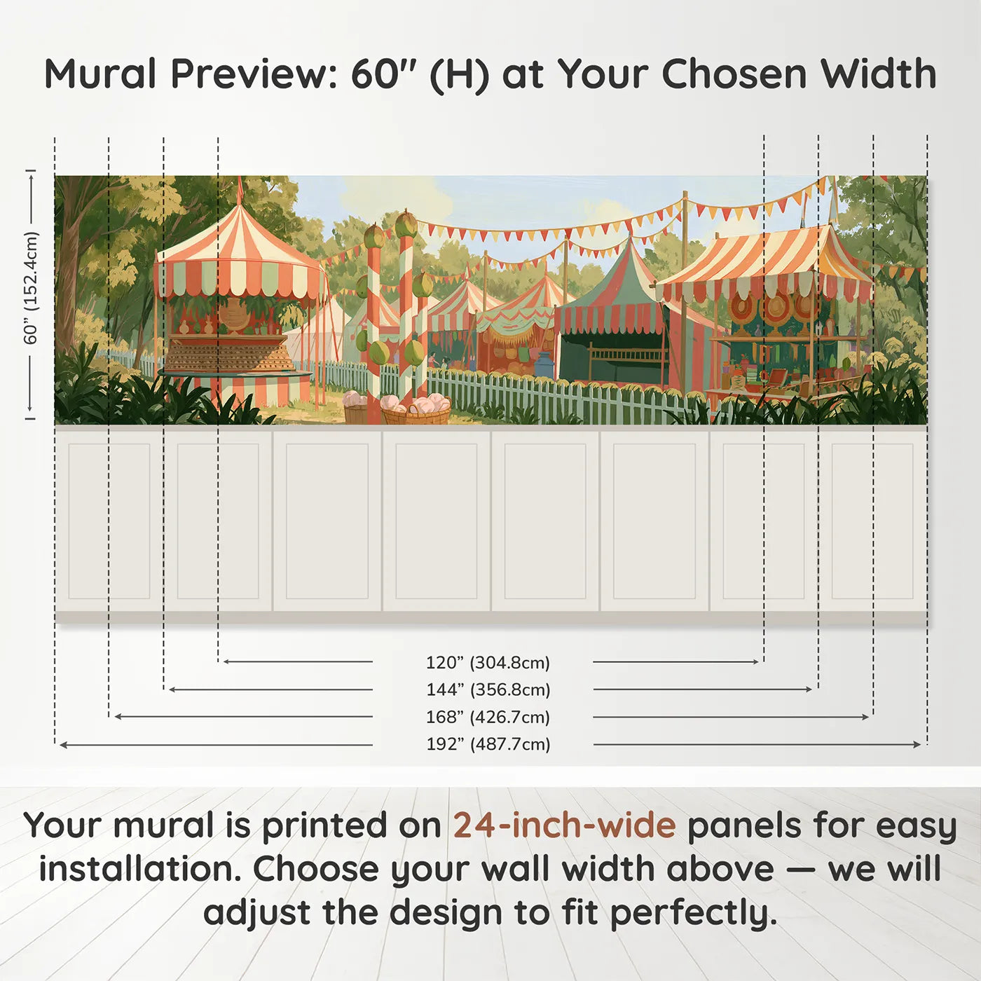 Panel dimensions for The Coconut Shy Wainscoting Wallpaper by Whimsy Tots