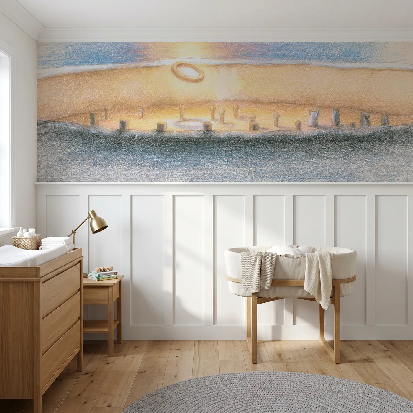 Colored pencil wainscoting wallpaper of the hoopla stall by Whimsy Tots