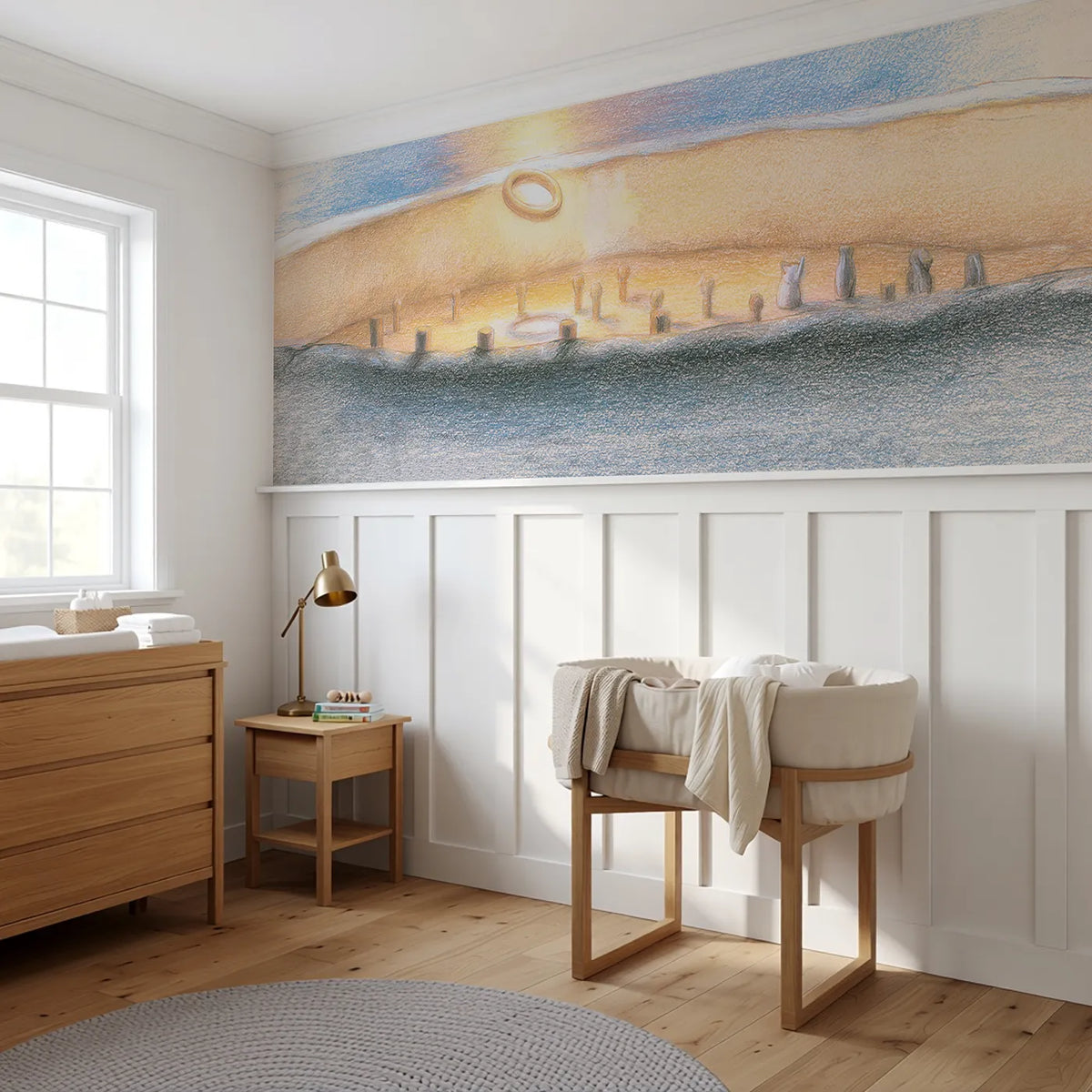 The Hoopla Stall Wainscoting Wallpaper styled in a kids room by Whimsy Tots