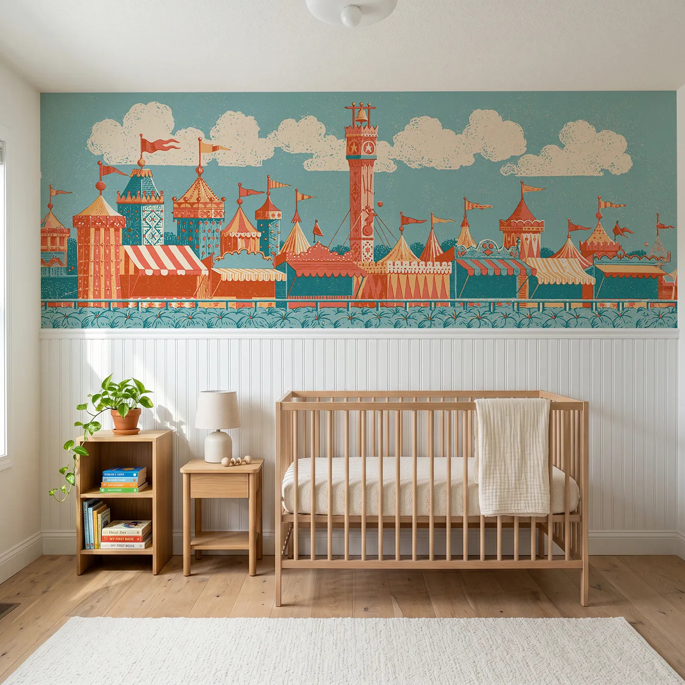 Block print wainscoting wallpaper of the high striker bell by Whimsy Tots