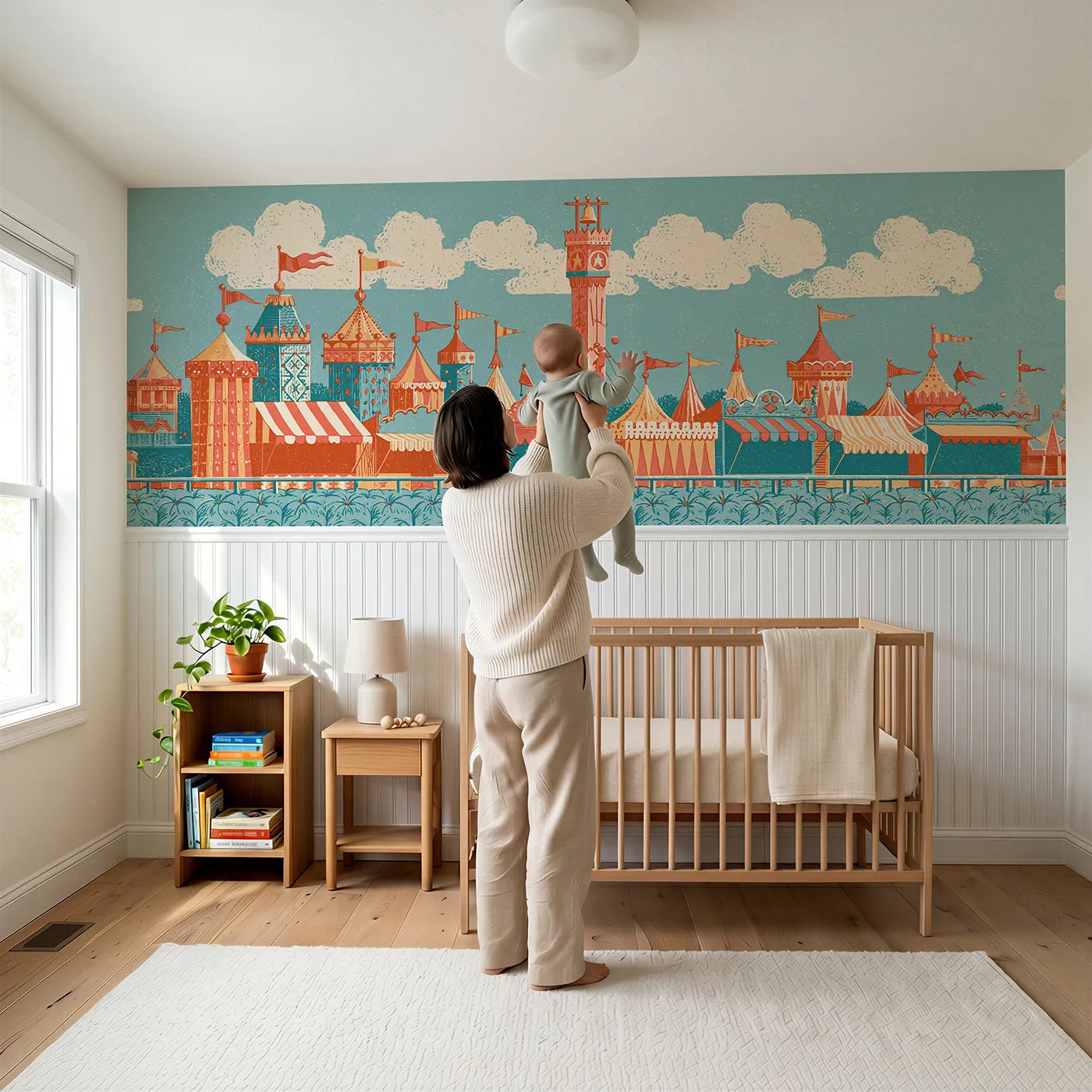 Child reading near The High Striker Bell Wainscoting Wallpaper by Whimsy Tots