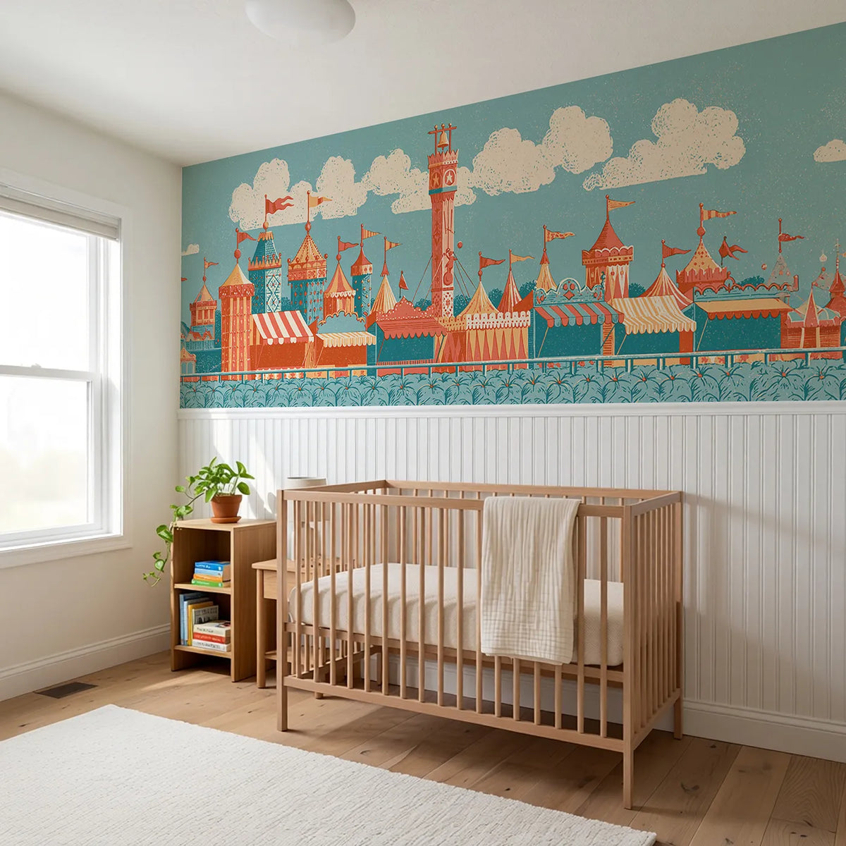 The High Striker Bell Wainscoting Wallpaper styled in a kids room by Whimsy Tots